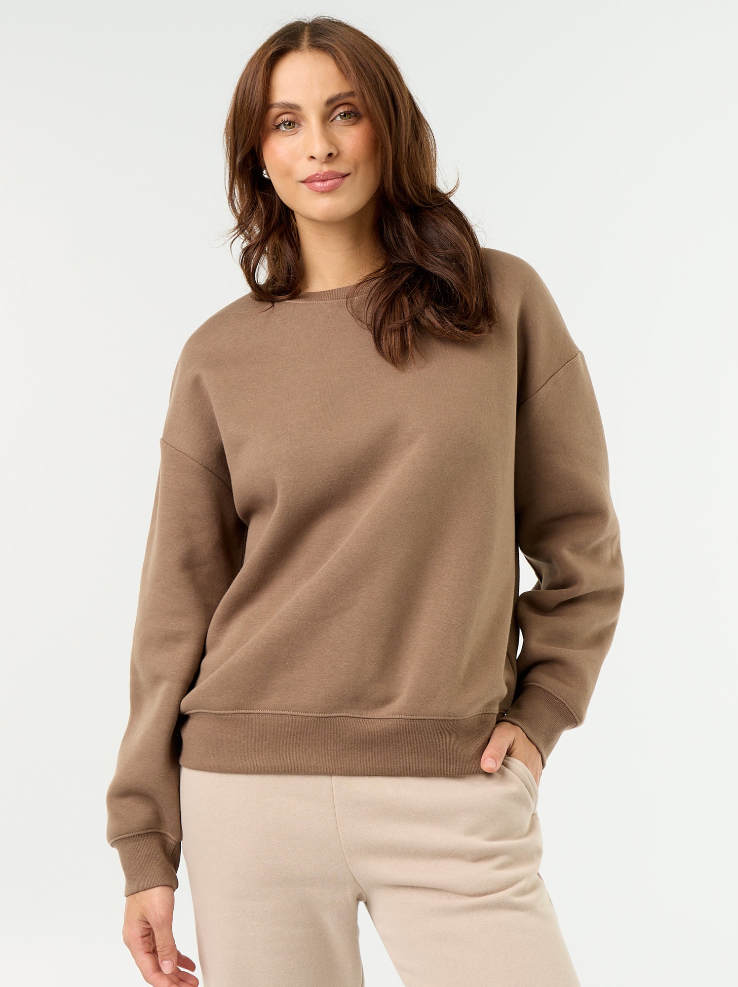 Sweat uni en molleton chaud - Marron