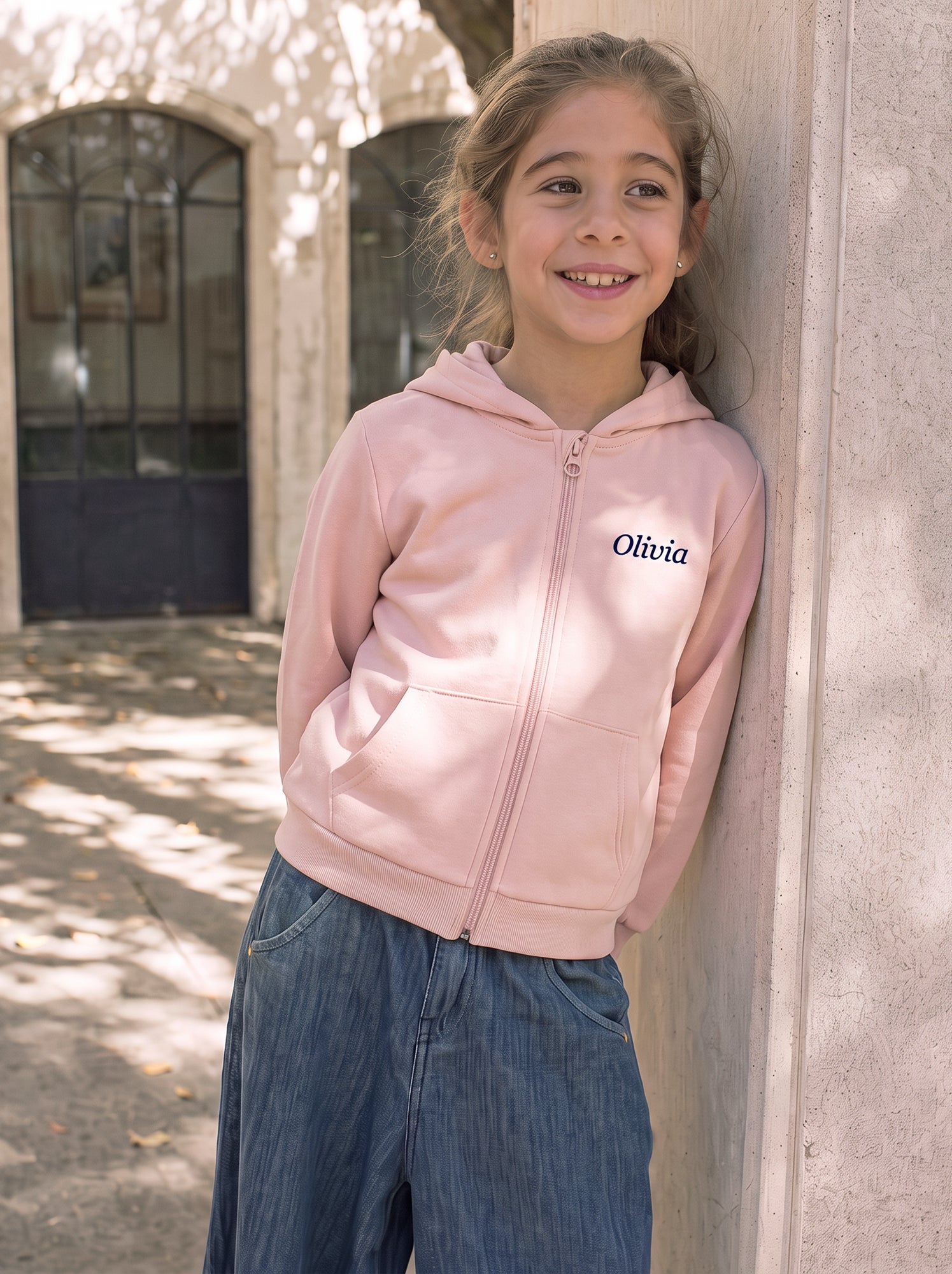 Sweat uni zippé à capuche - Rose