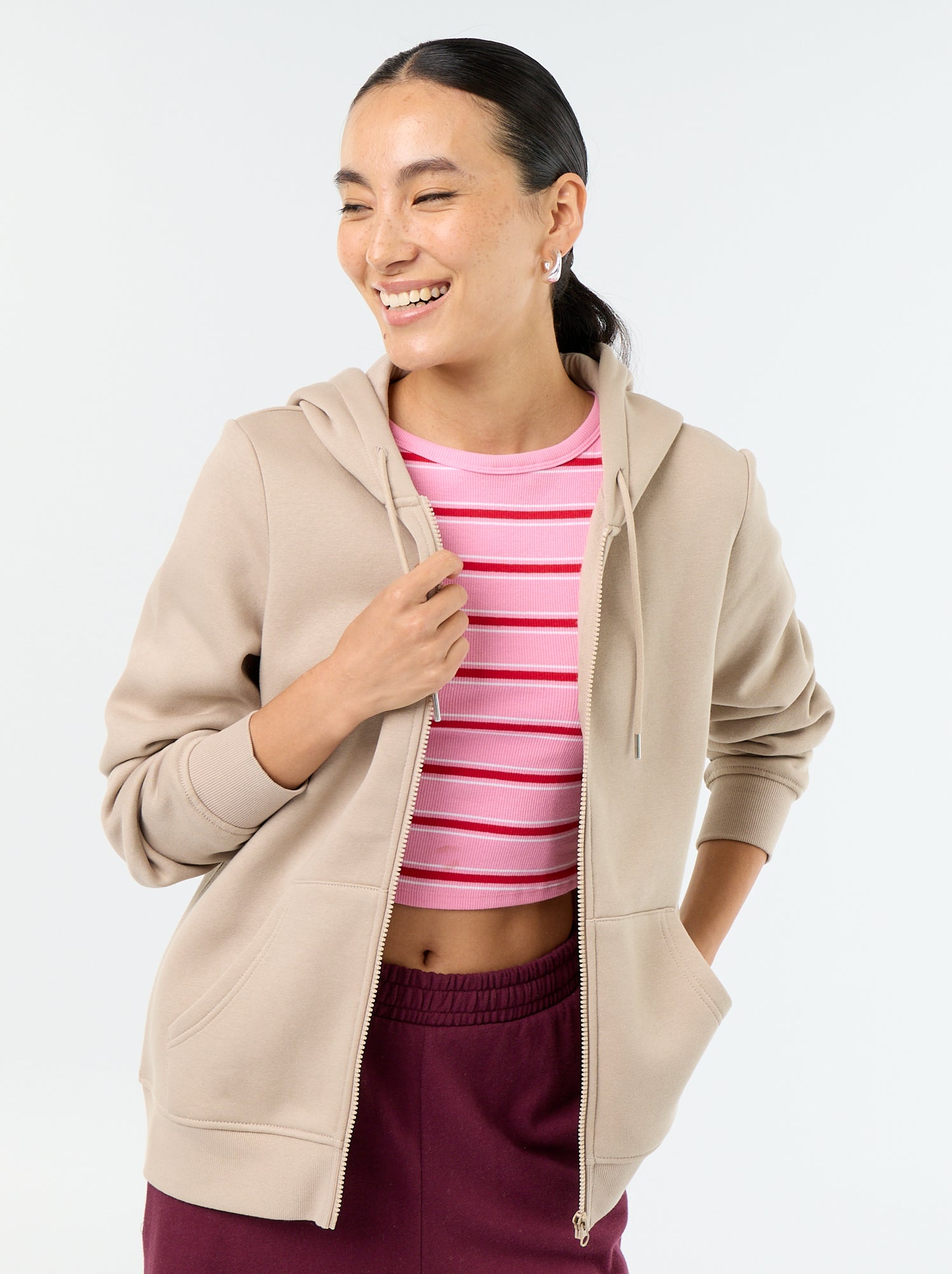 Sweat zippé à capuche basique - Beige
