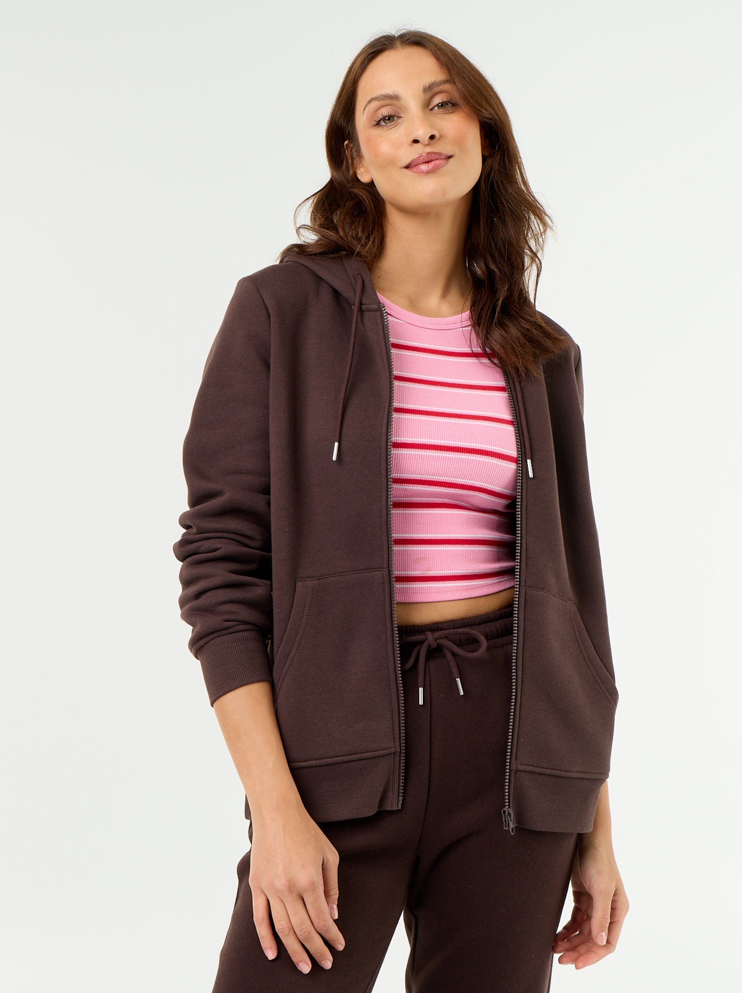 Sweat zippé à capuche basique - Marron