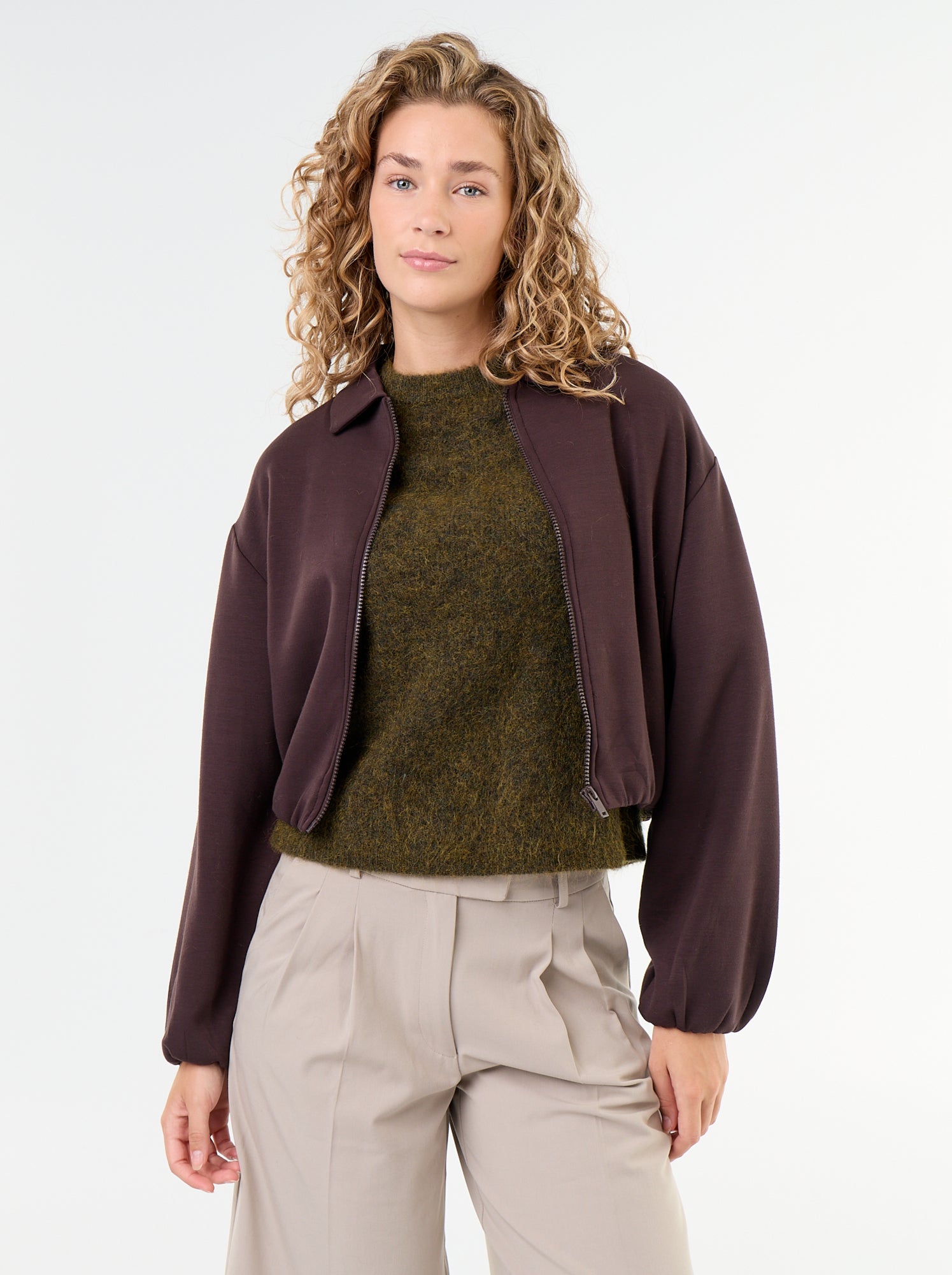 Sweat zippé avec col chemise - Marron