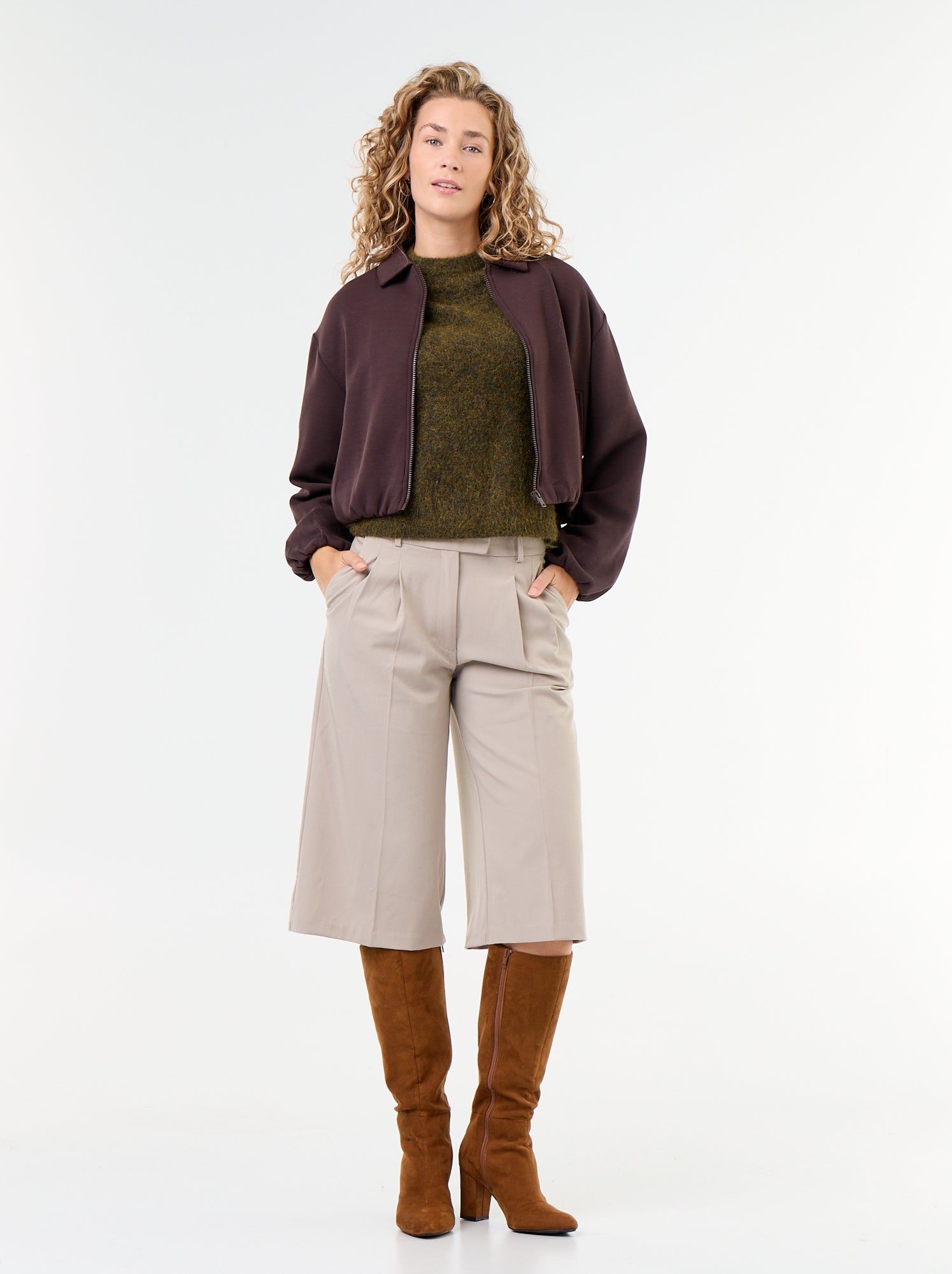 Sweat zippé avec col chemise - Marron