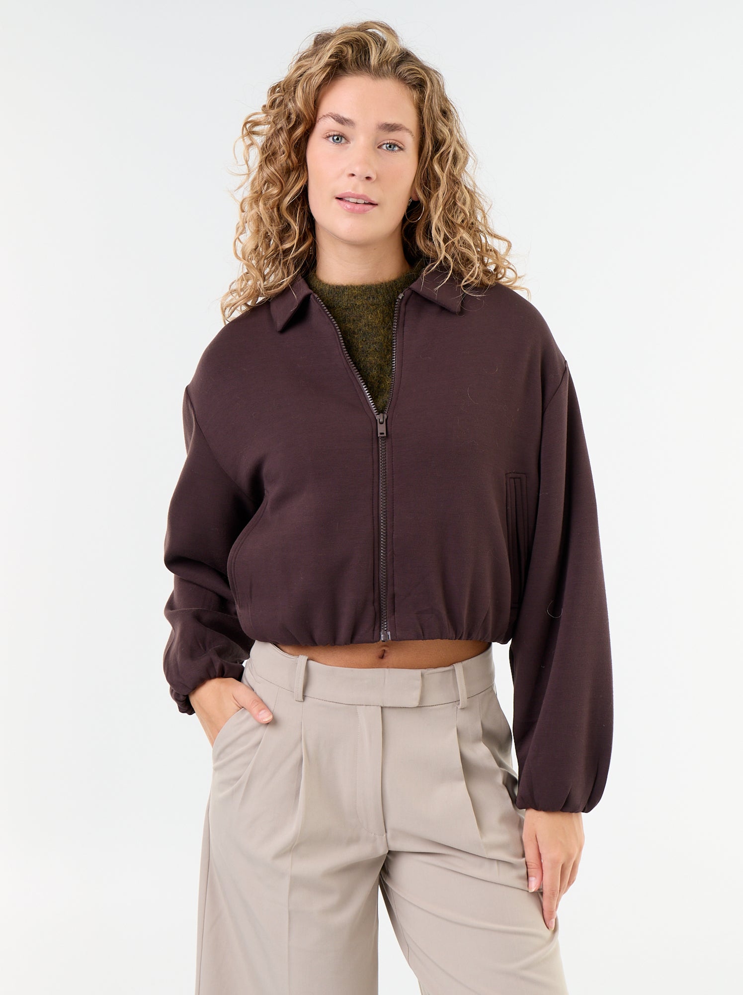 Sweat zippé avec col chemise - Marron