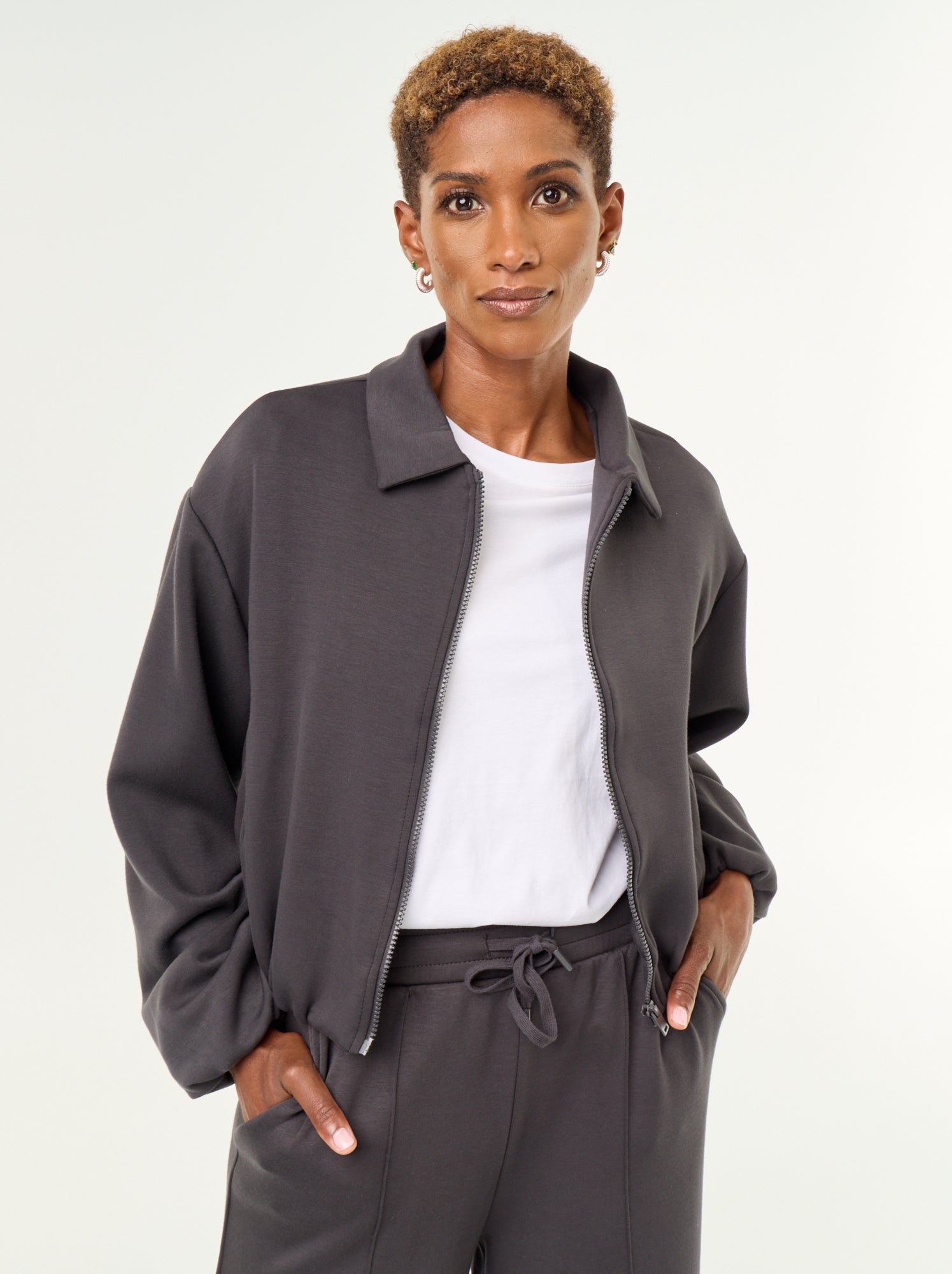 Sweat zippé avec col chemise - Noir