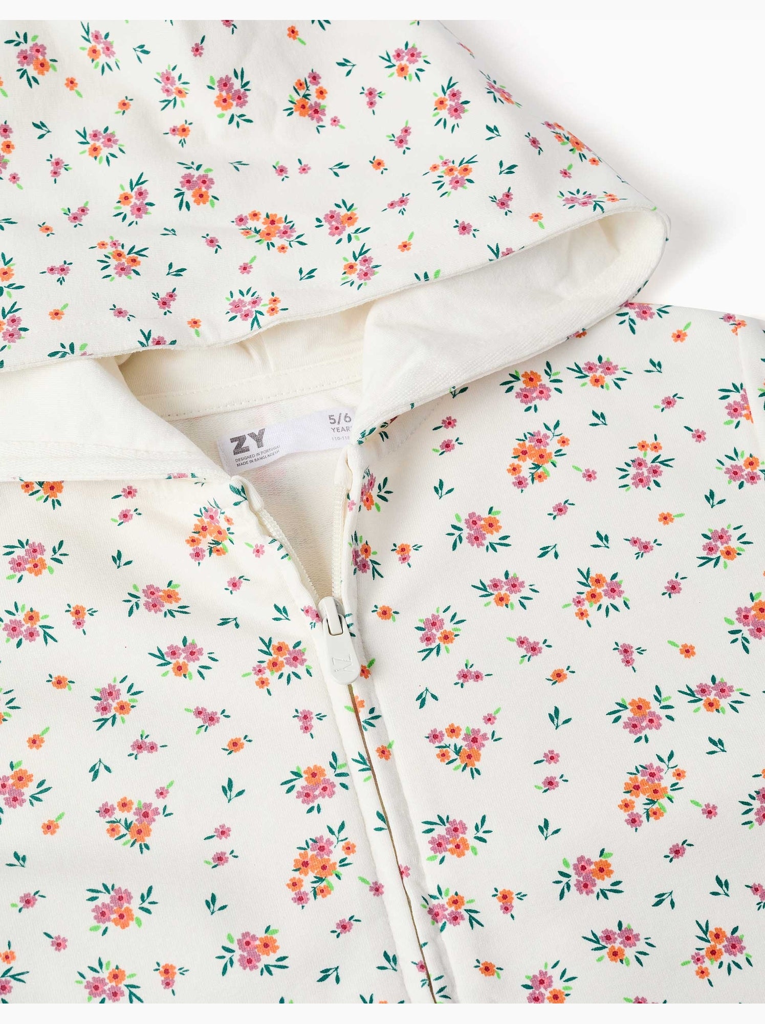 Sweat zippé en molleton à capuche avec motif floral - Beige clair