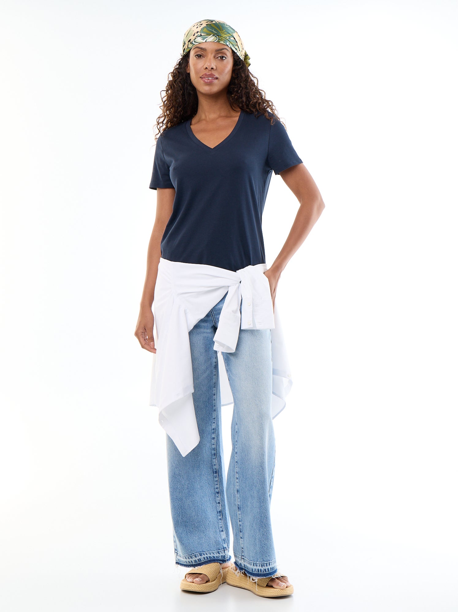T-shirt à col V - Bleu