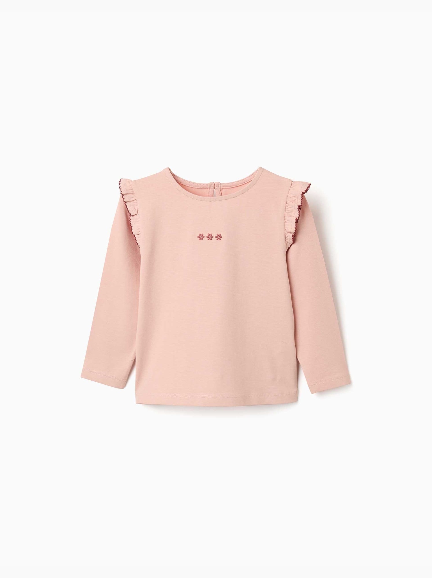 T-shirt à manches longues avec volants et broderie - Rose clair
