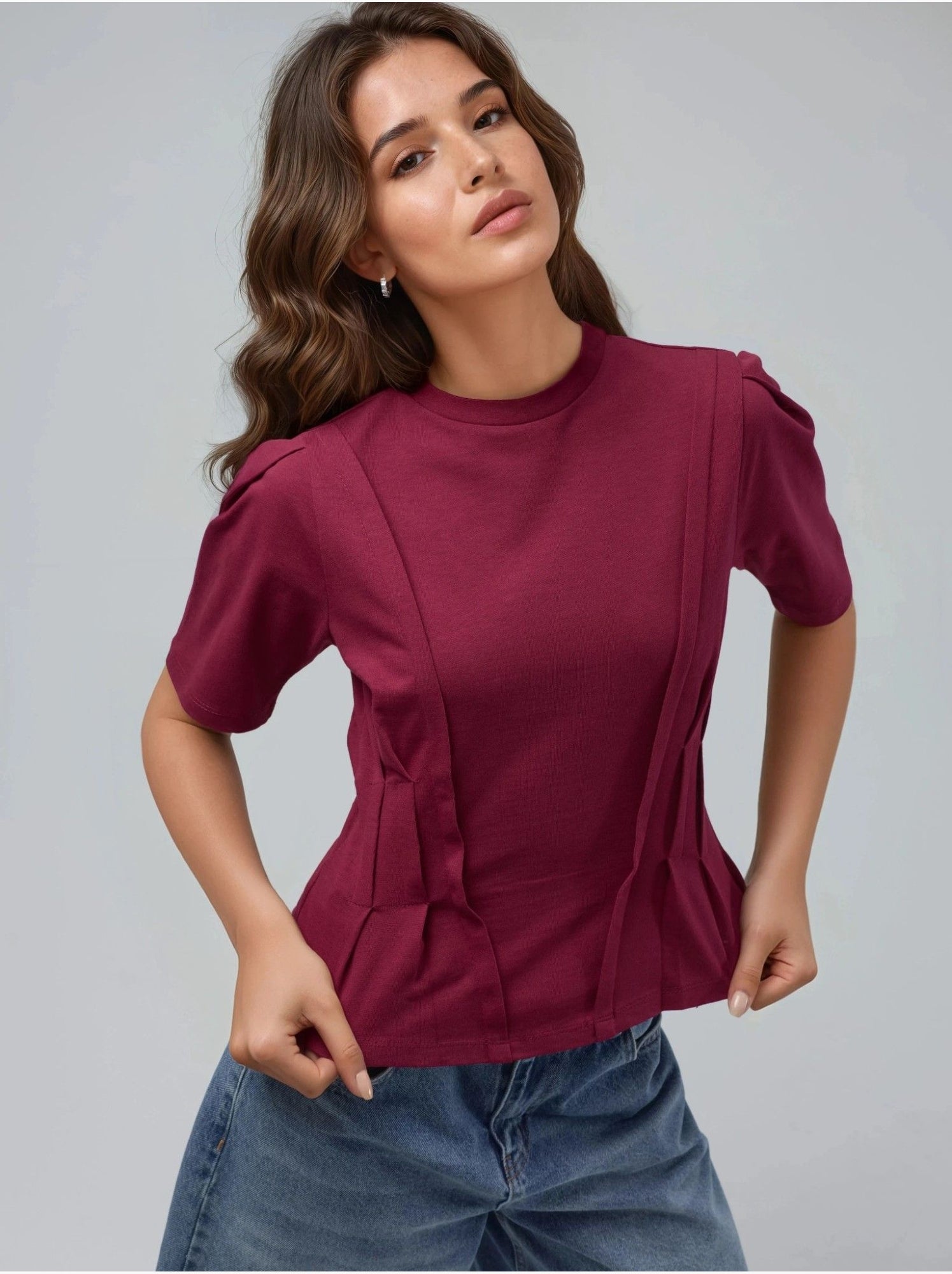 T-shirt ajusté à col rond - Rouge cachemire