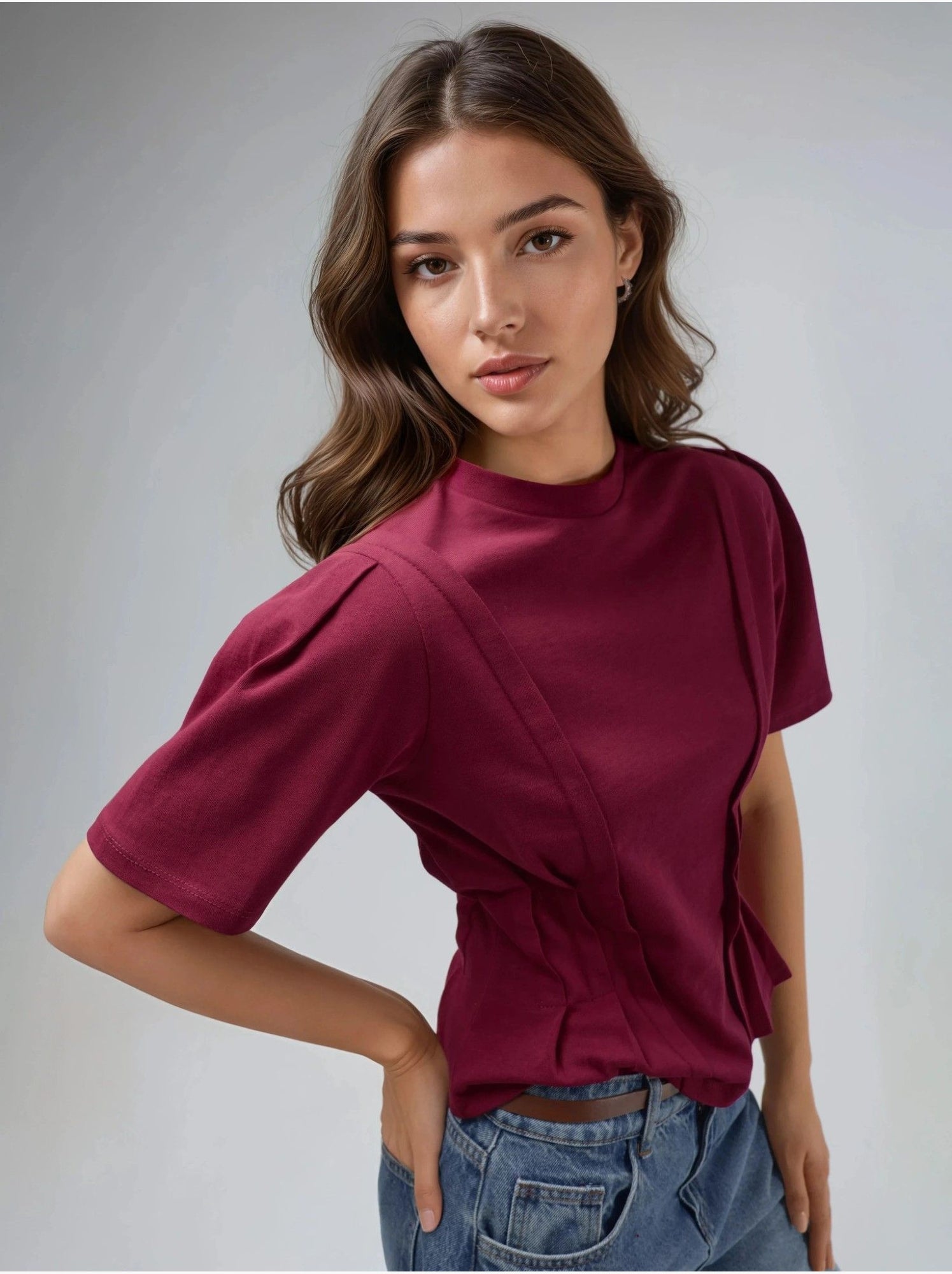 T-shirt ajusté à col rond - Rouge cachemire
