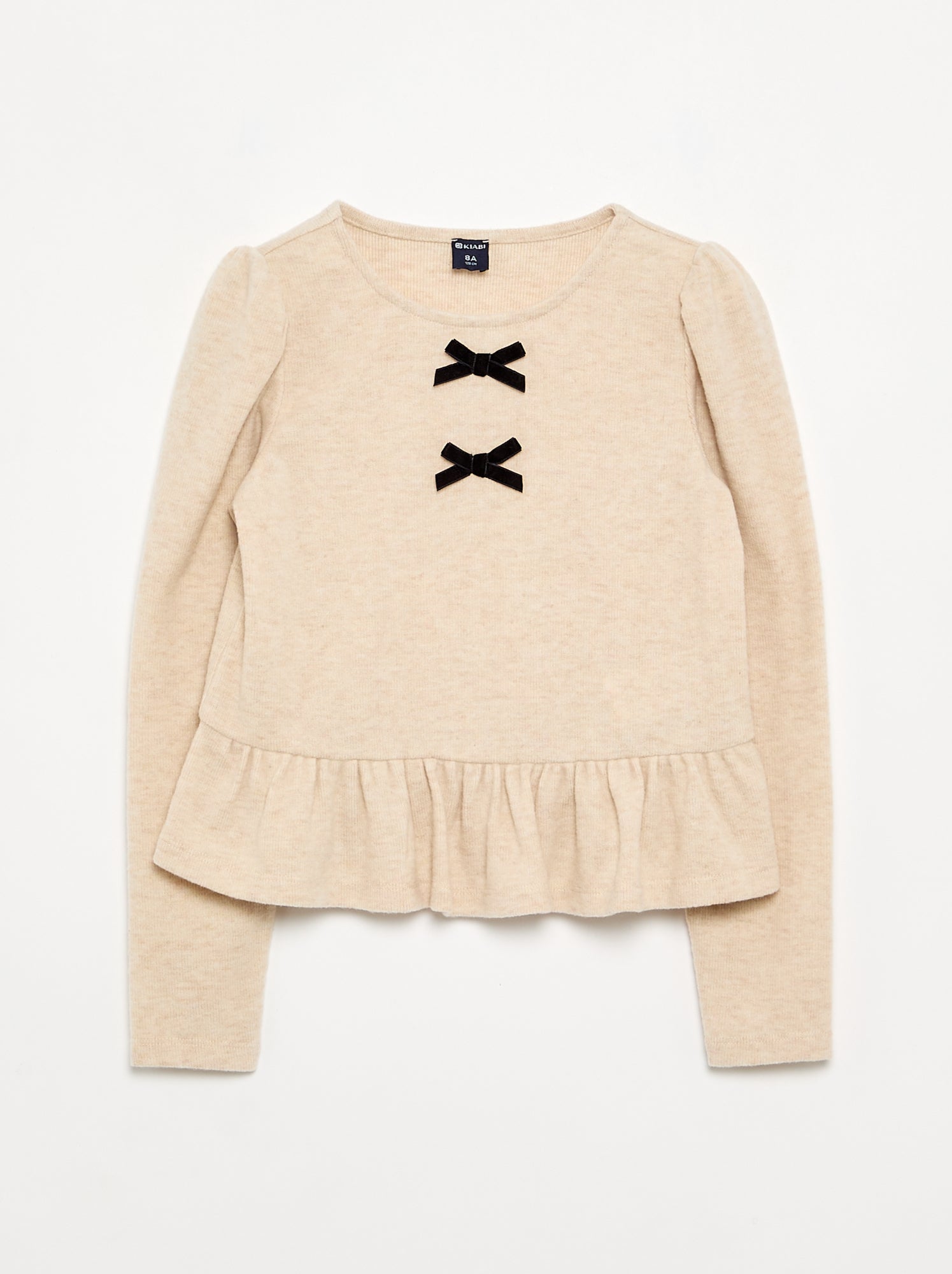 T-shirt avec nœuds et volant à la taille - Beige