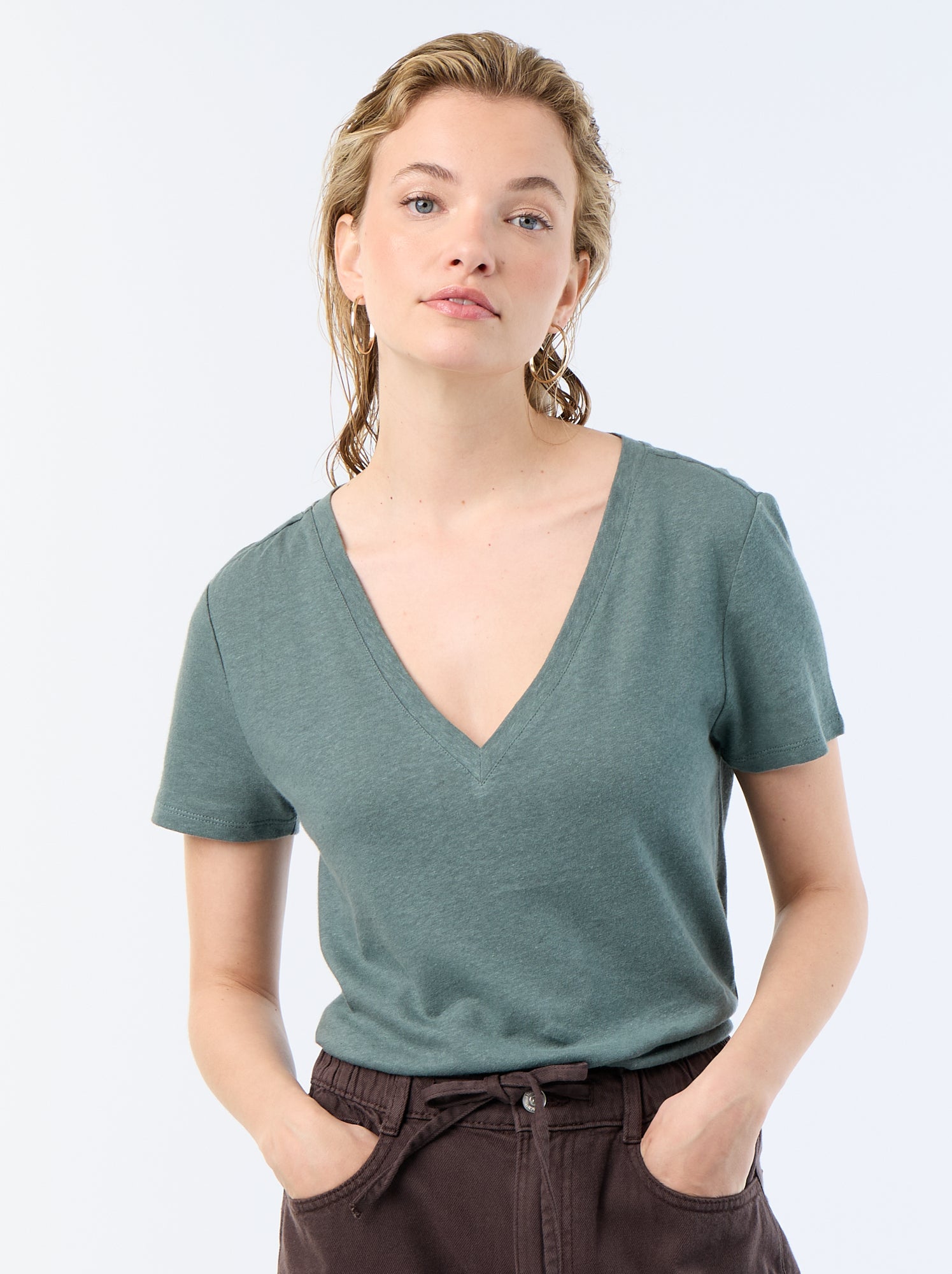 T-shirt basique à manches courtes col V - Vert