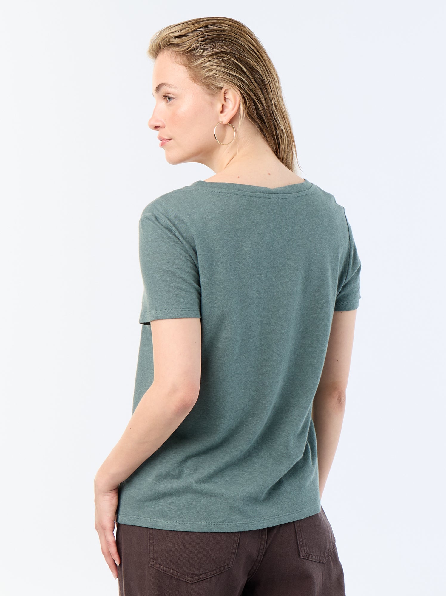 T-shirt basique à manches courtes col V - Vert