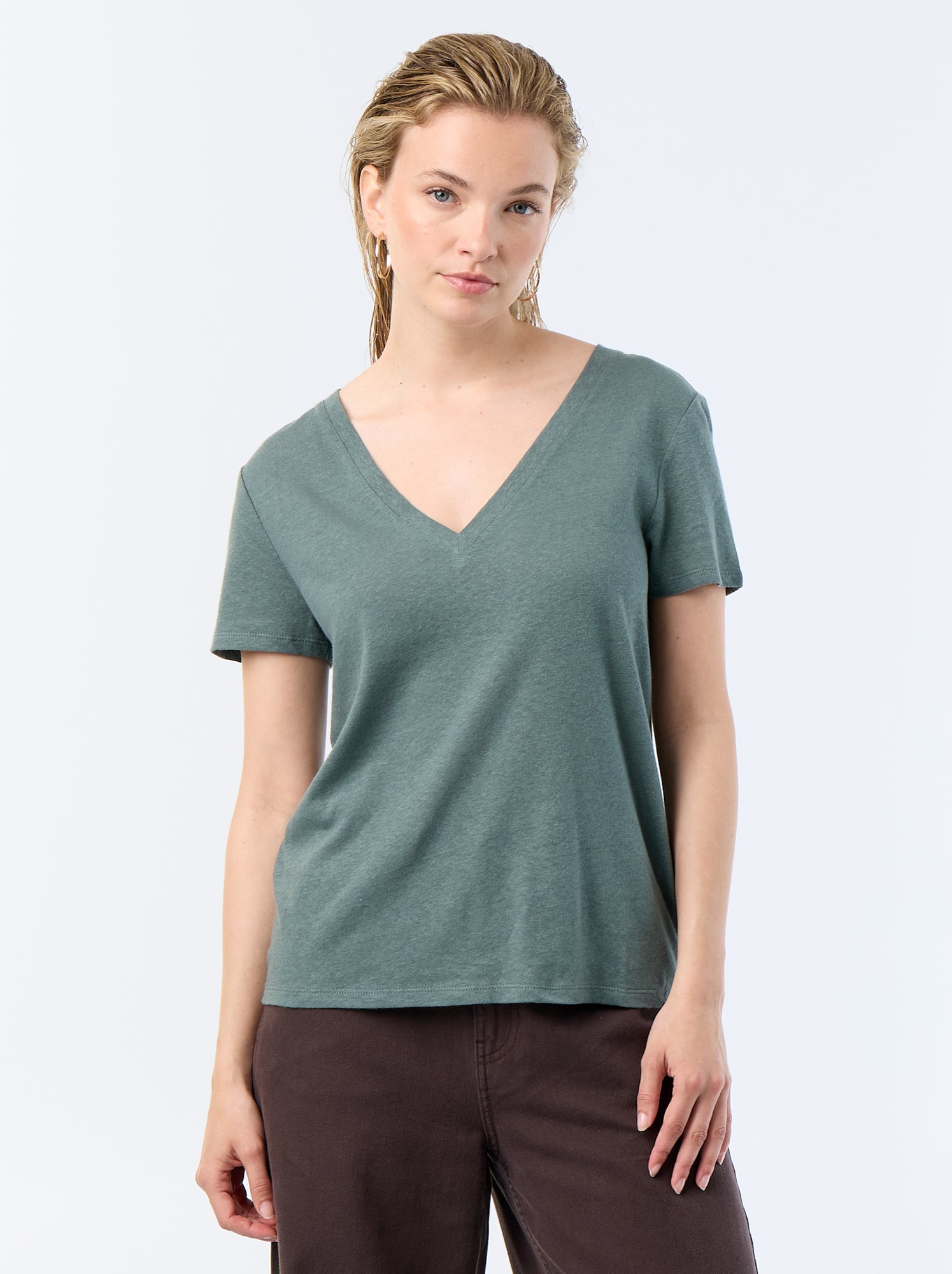 T-shirt basique à manches courtes col V - Vert