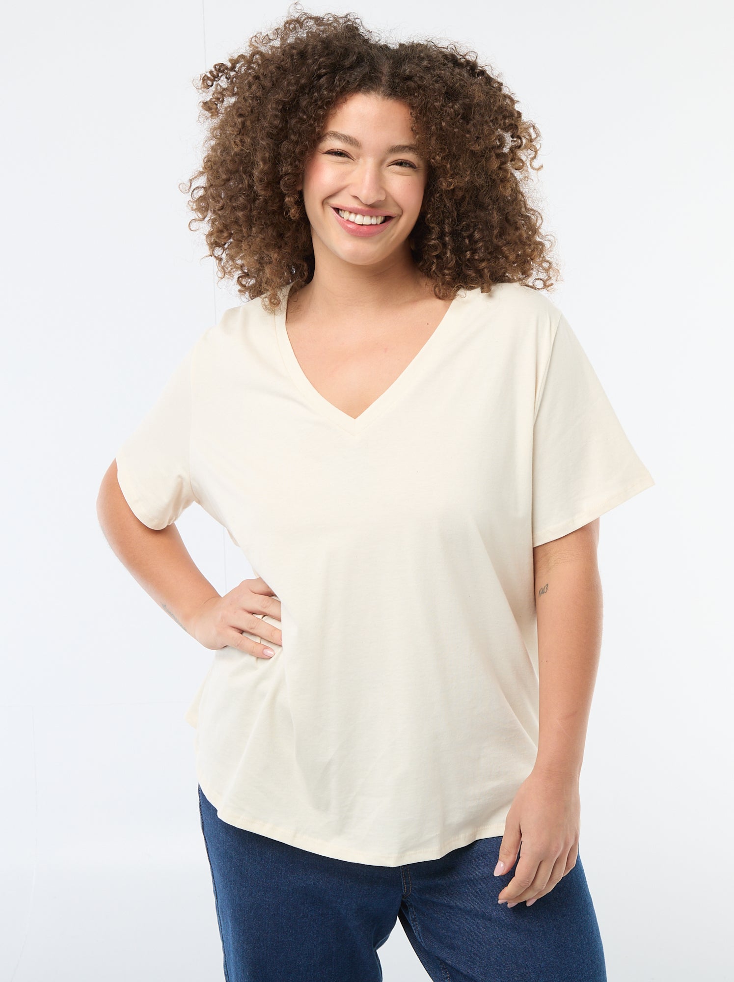T-shirt basique à manches courtes et col V - Blanc