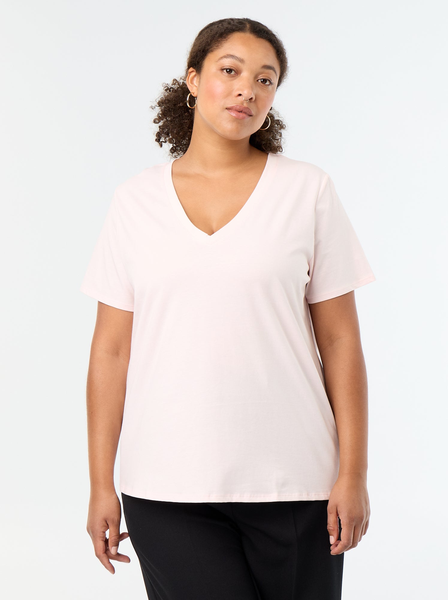 T-shirt basique à manches courtes et col V - Rose