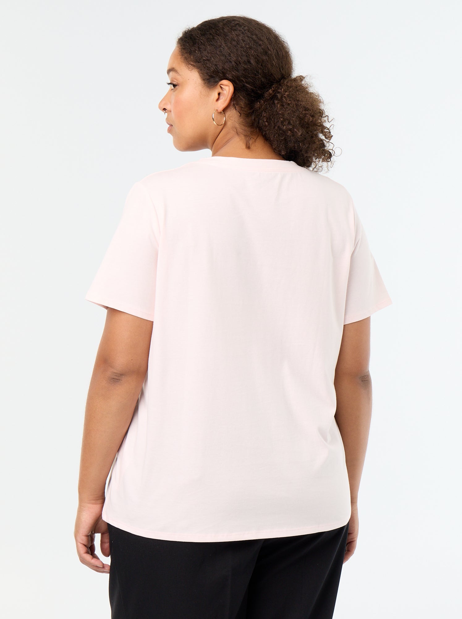T-shirt basique à manches courtes et col V - Rose
