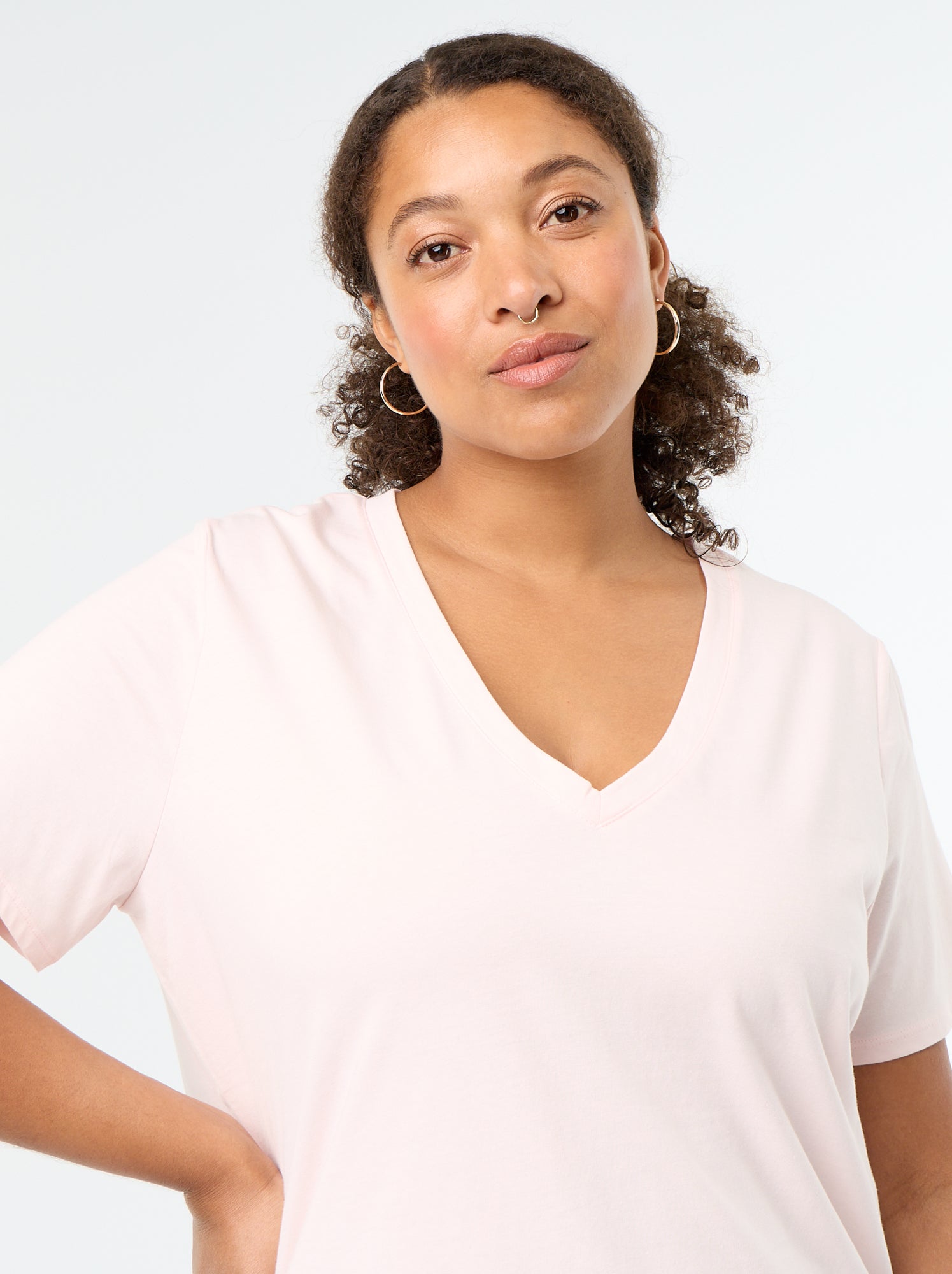 T-shirt basique à manches courtes et col V - Rose