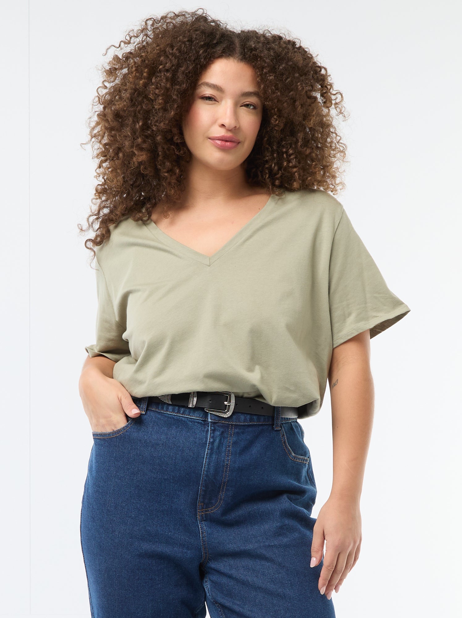 T-shirt basique à manches courtes et col V - Vert