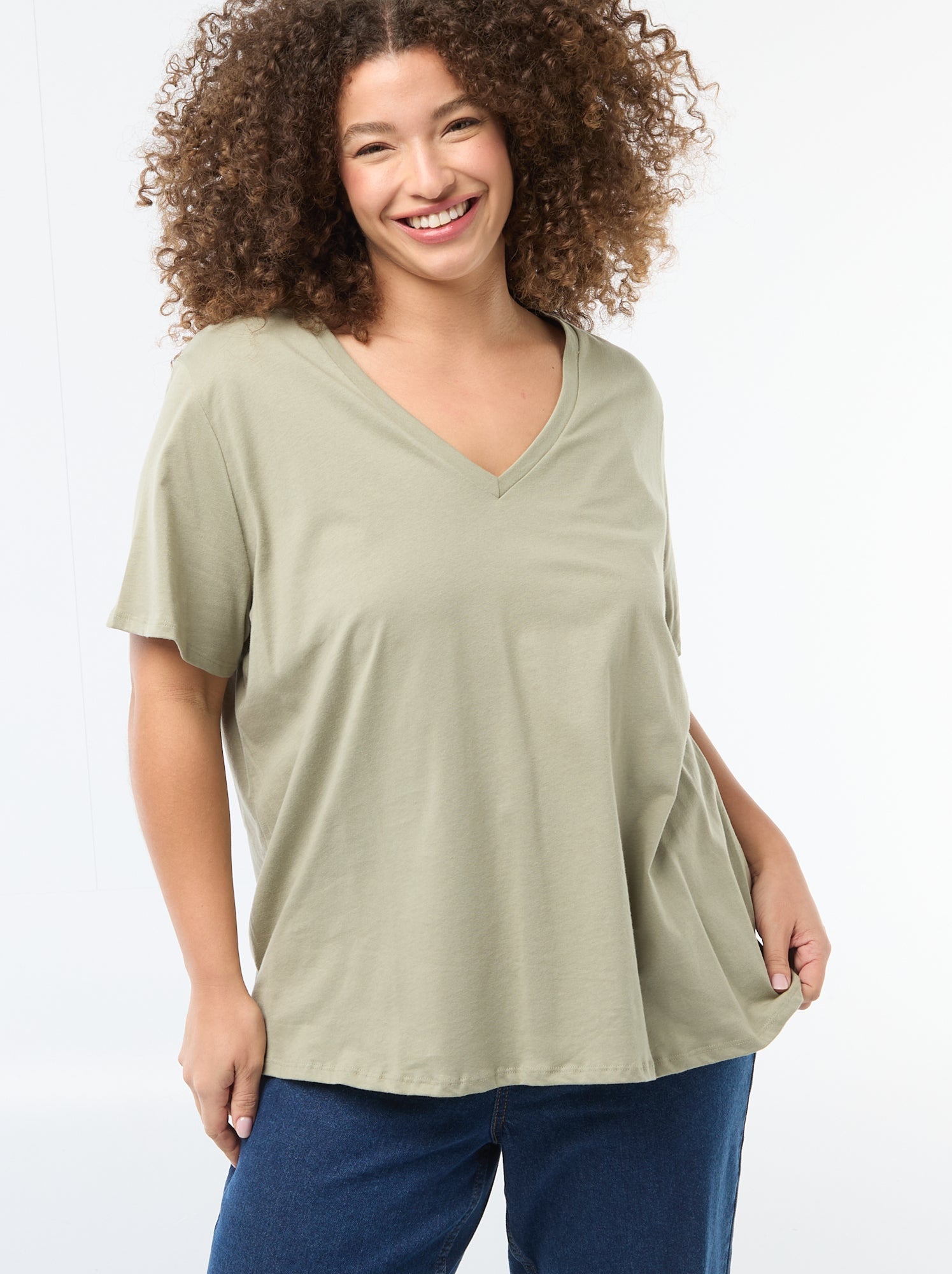 T-shirt basique à manches courtes et col V - Vert
