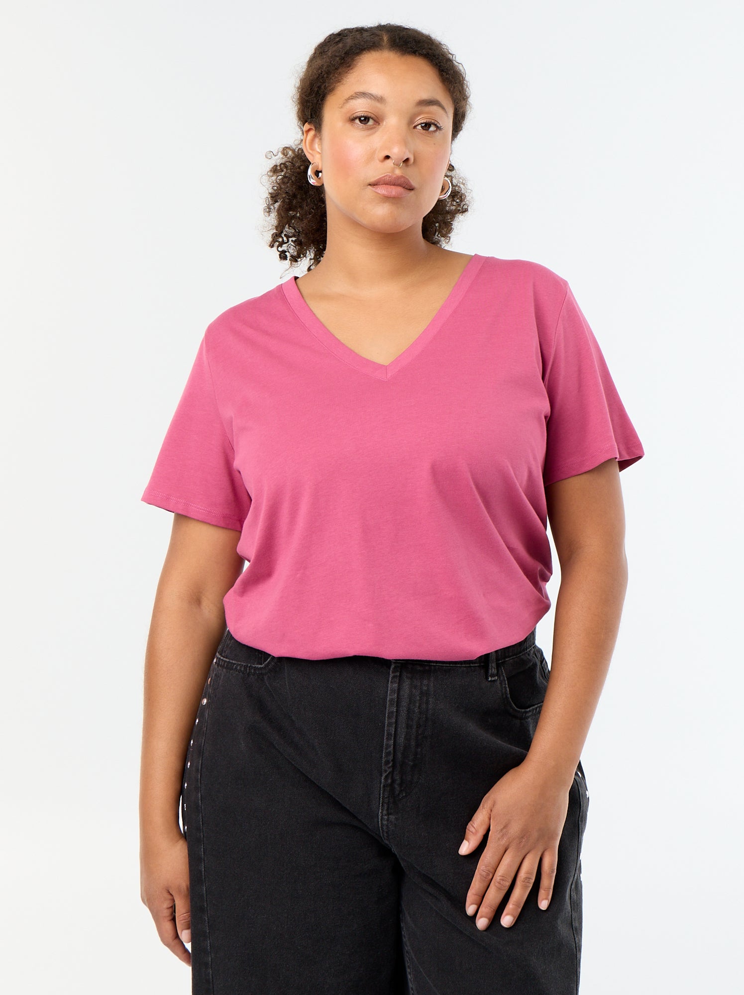 T-shirt basique à manches courtes et col V - Violet