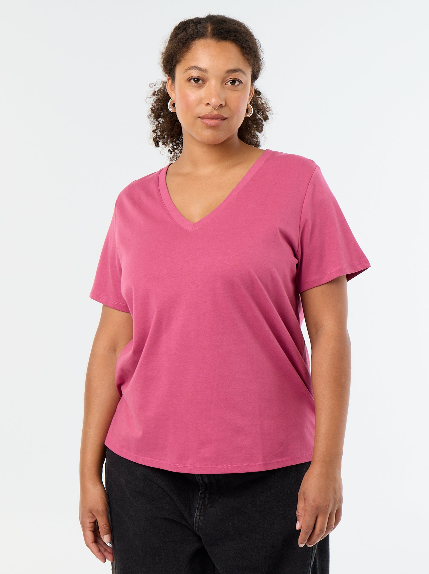 T-shirt basique à manches courtes et col V - Violet