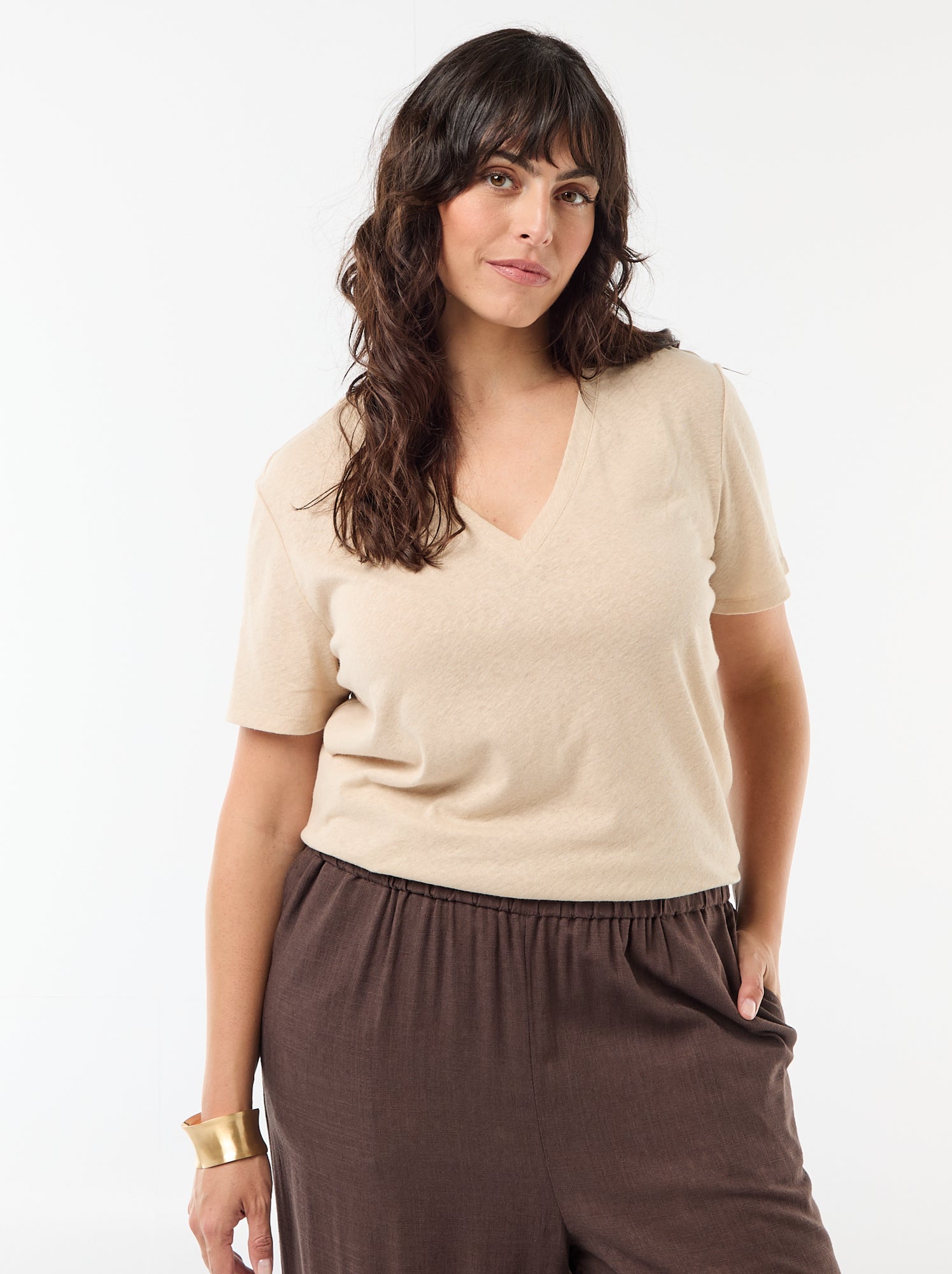 T-shirt basique col V et manches courtes - Blanc