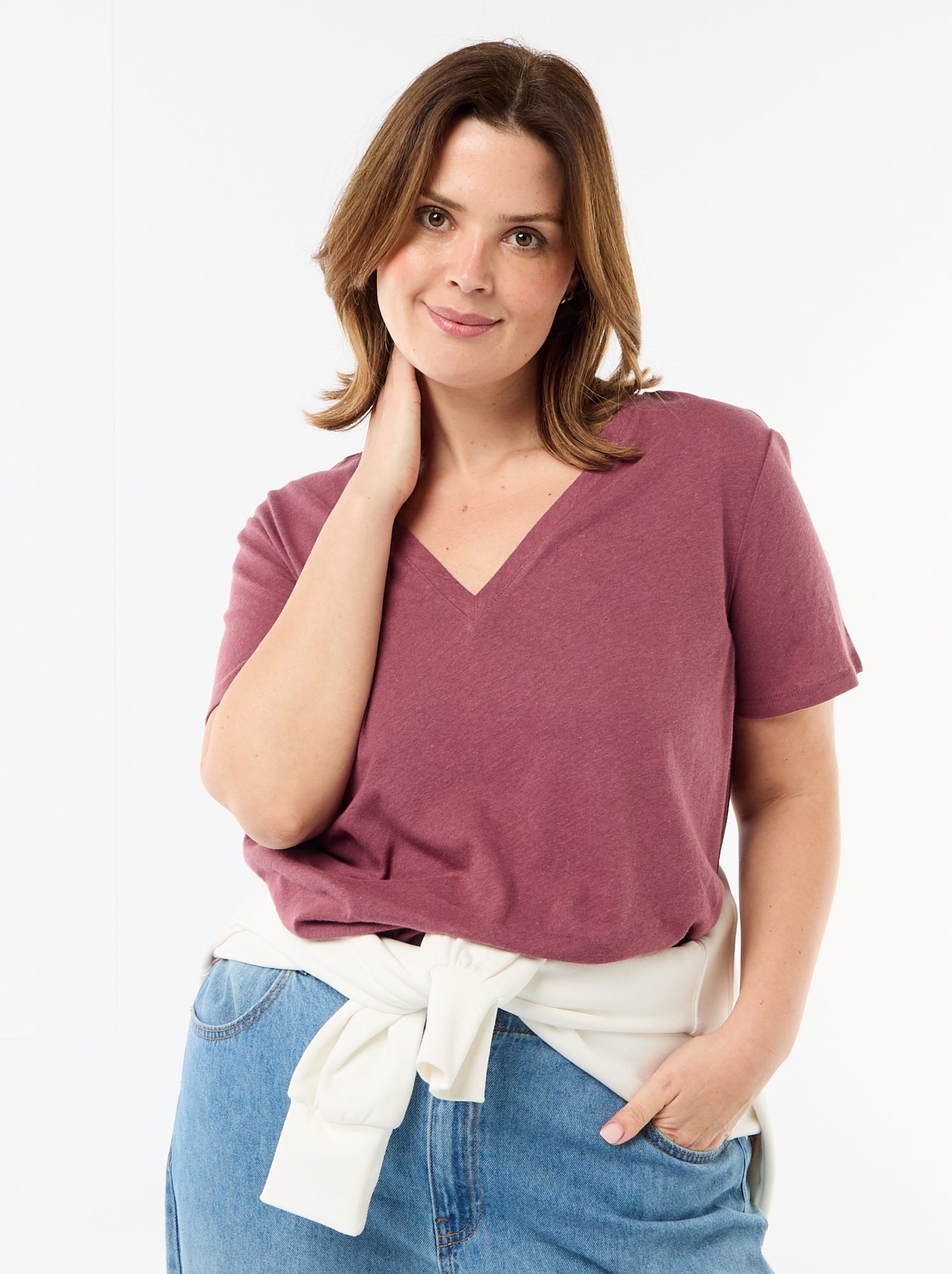 T-shirt basique col V et manches courtes - Rose