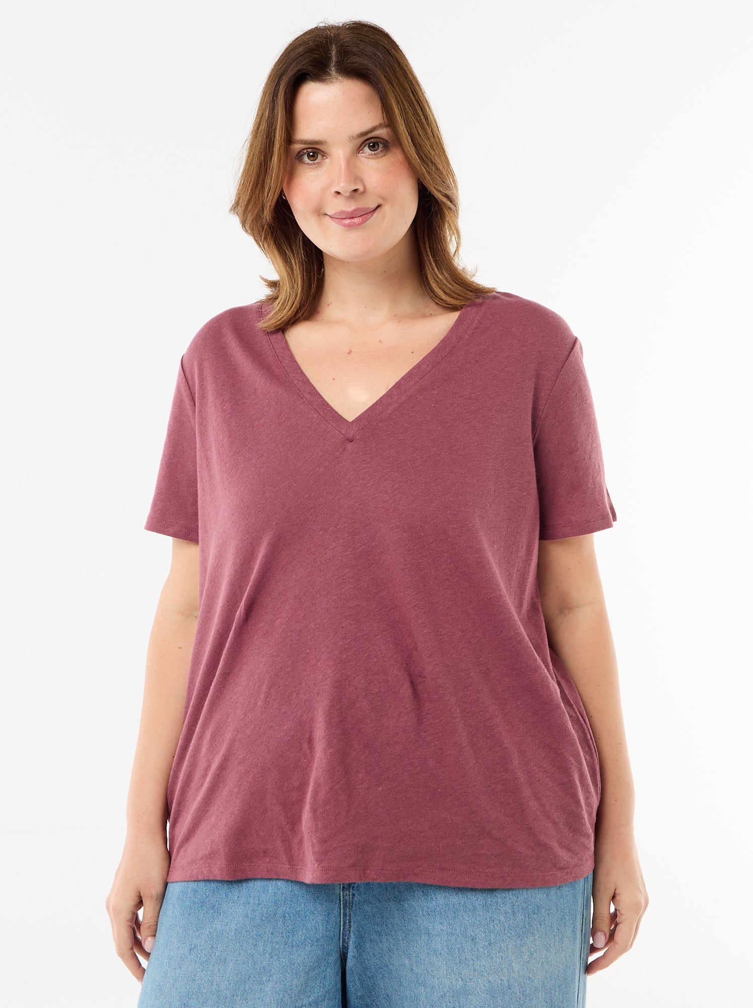 T-shirt basique col V et manches courtes - Rose