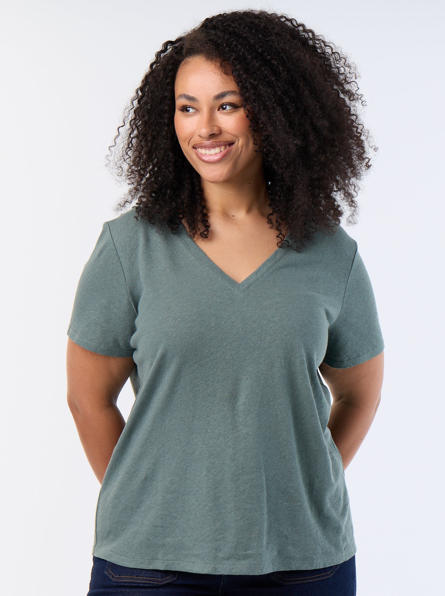 T-shirt basique col V et manches courtes - Vert