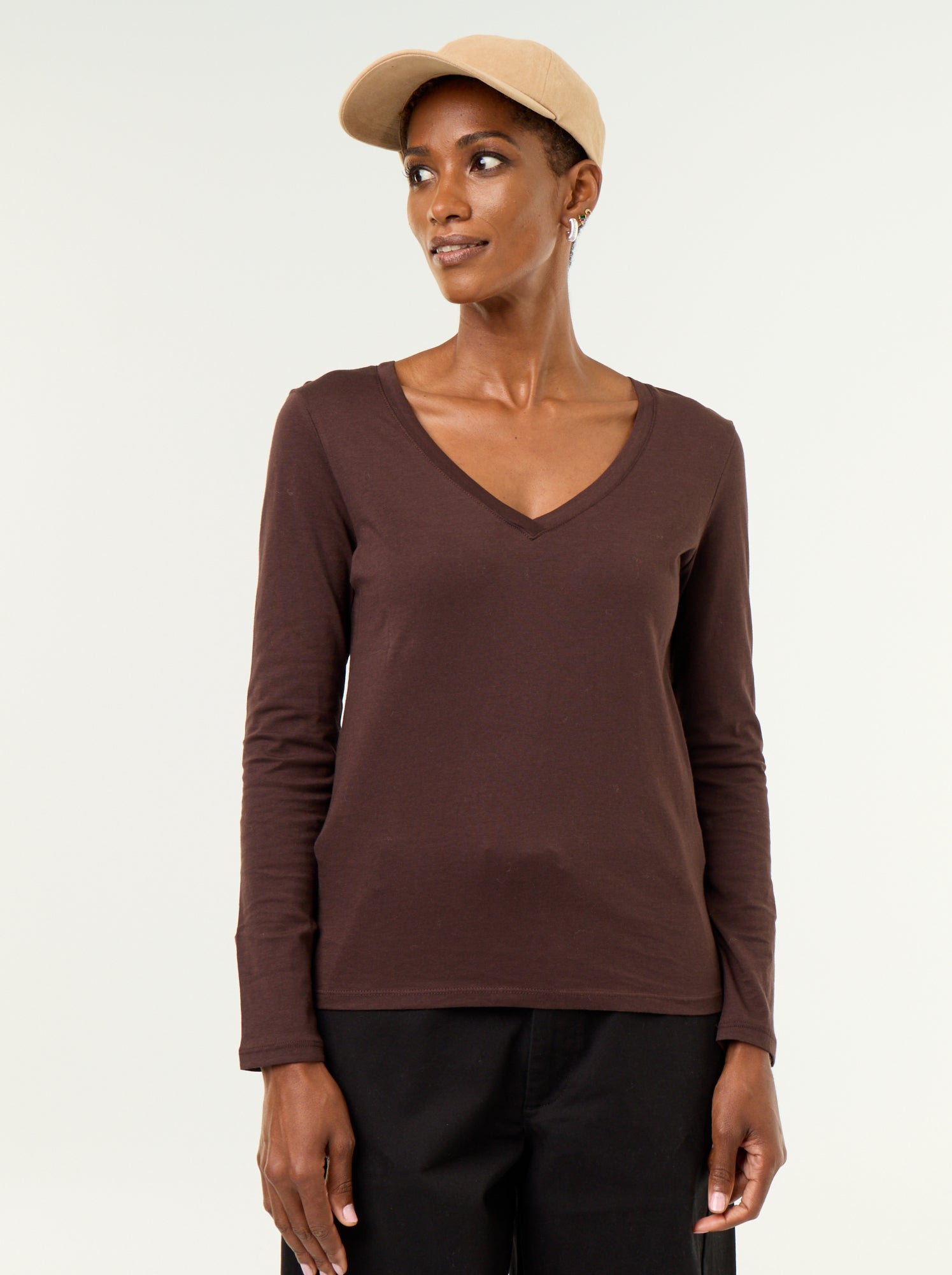 T-shirt col V - Marron
