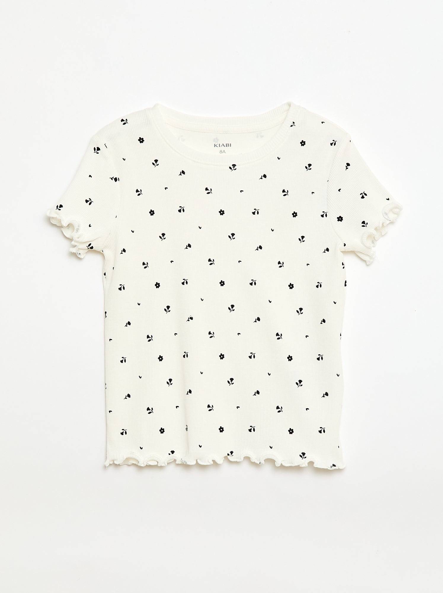 T-shirt côtelé à manches courtes volantées - Beige