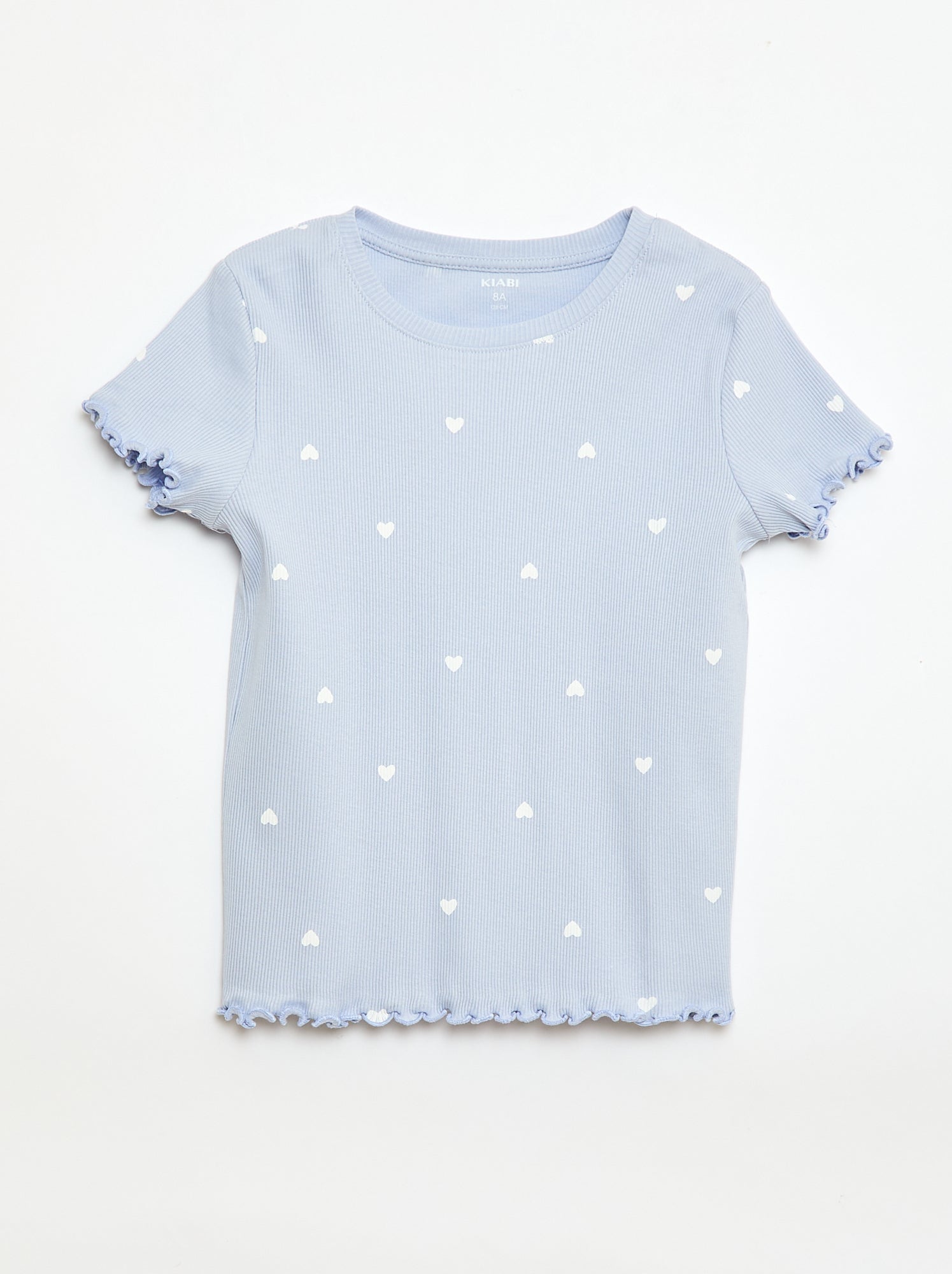 T-shirt côtelé à manches courtes volantées - Bleu
