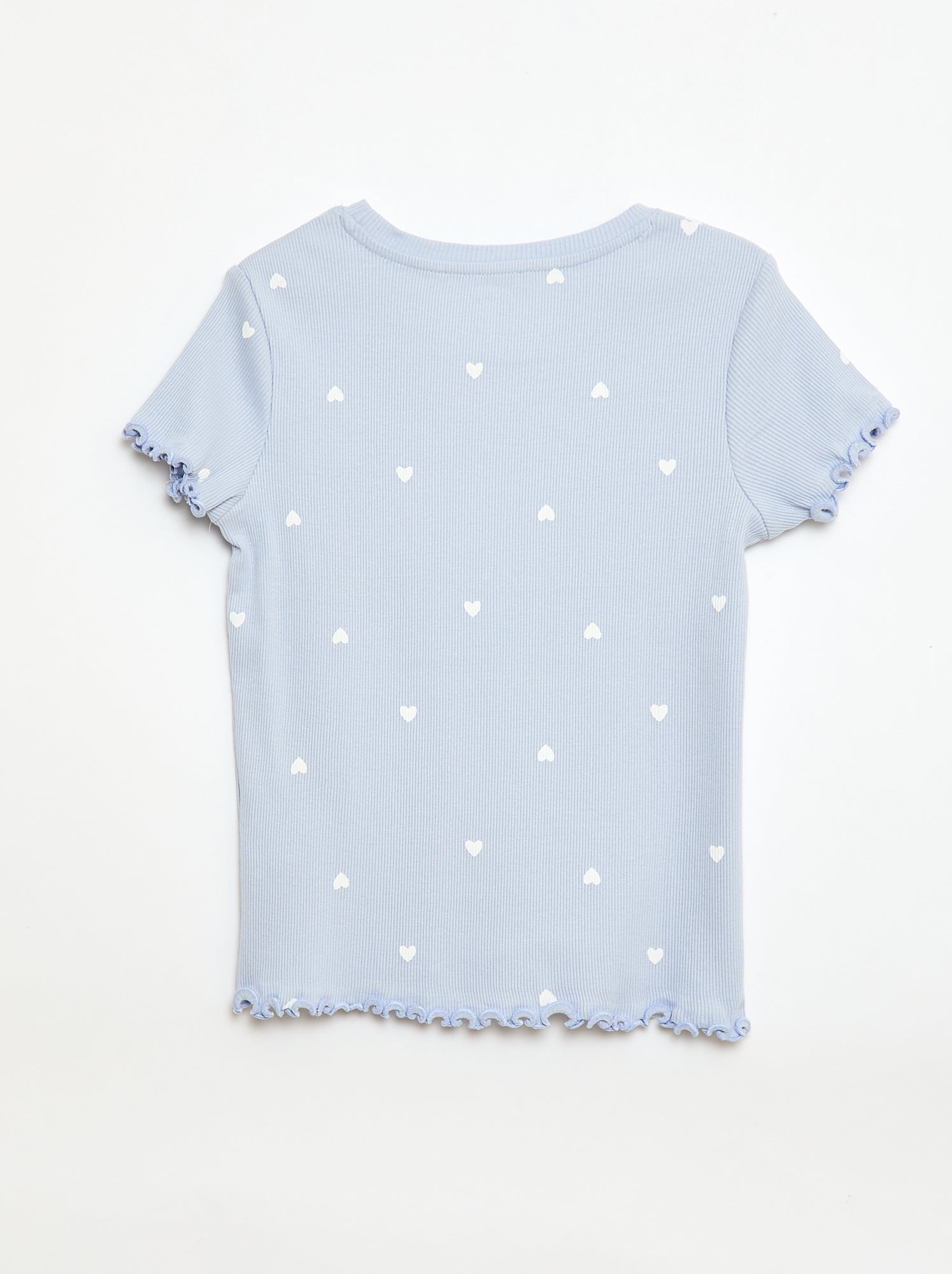 T-shirt côtelé à manches courtes volantées - Bleu