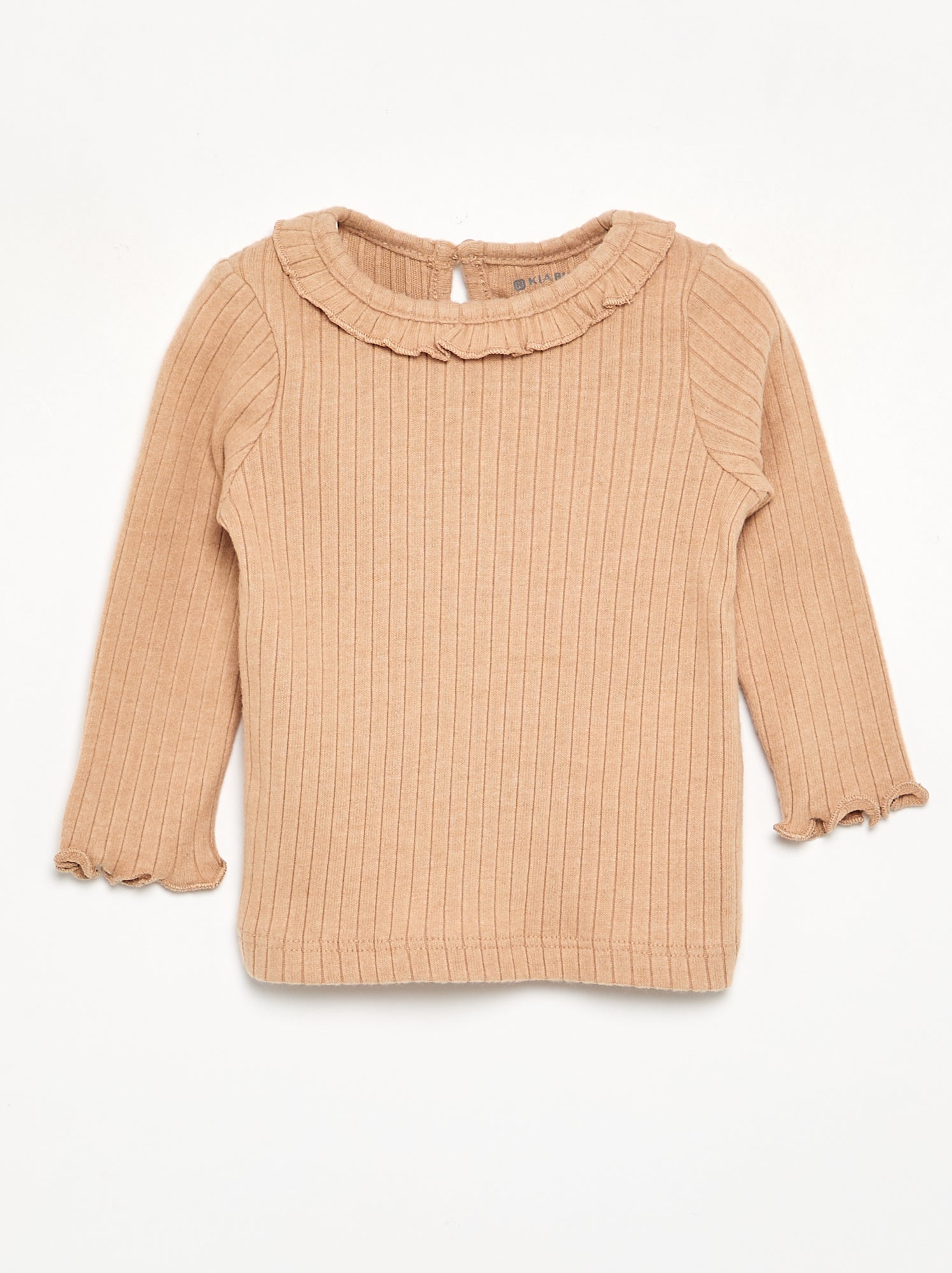 T-shirt côtelé à manches et col volanté - Beige