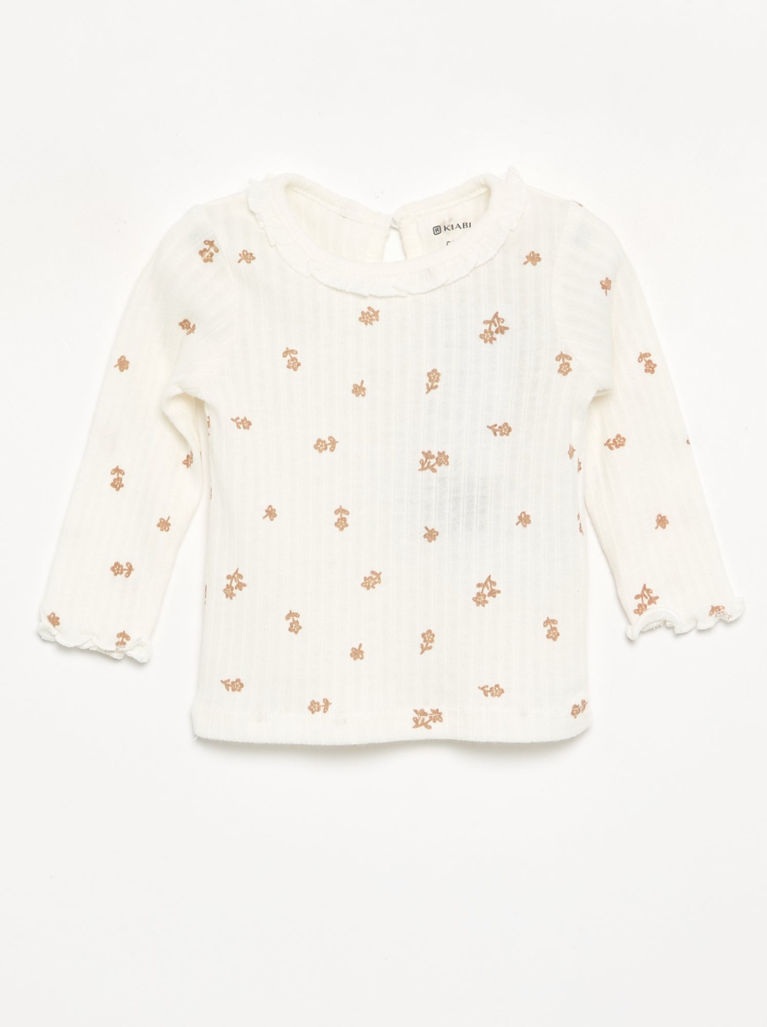 T-shirt côtelé à manches et col volanté - Beige