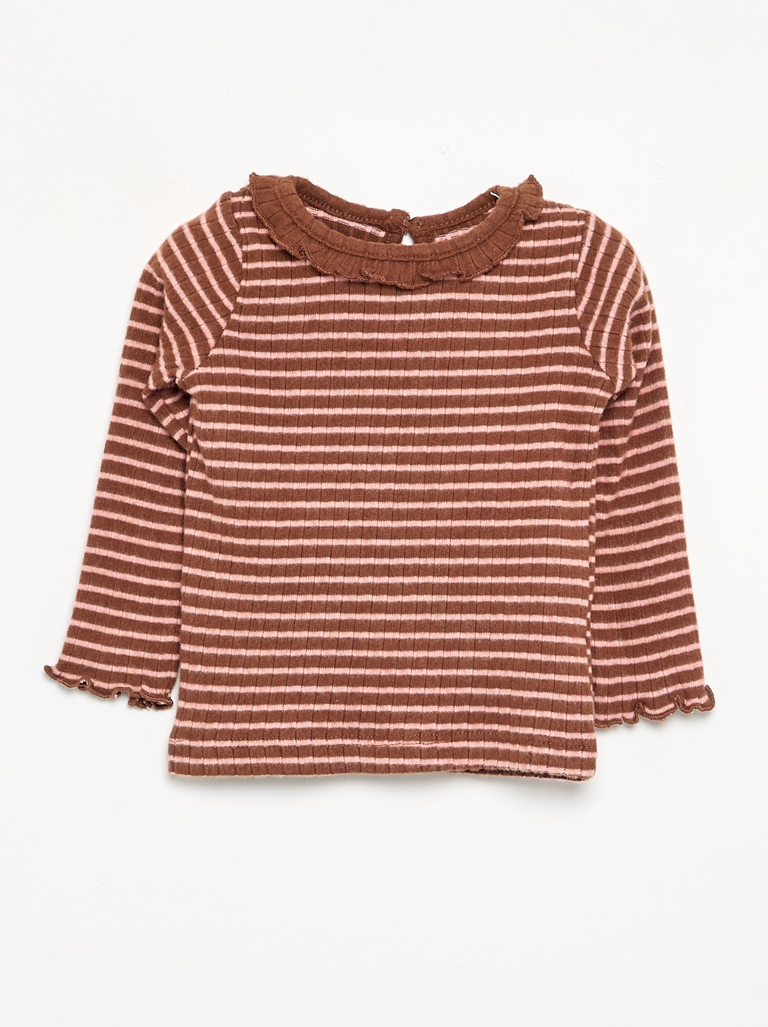 T-shirt côtelé à manches et col volanté - Marron