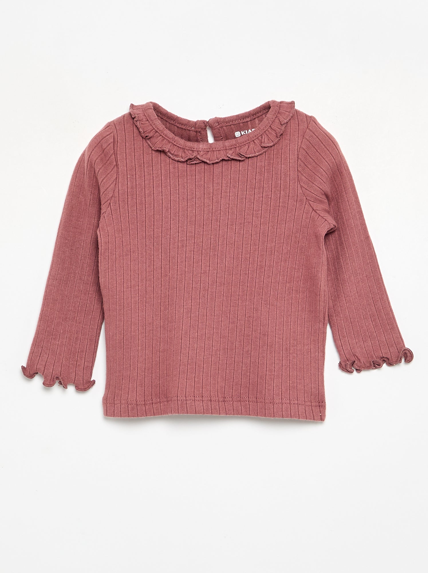 T-shirt côtelé à manches et col volanté - Rose
