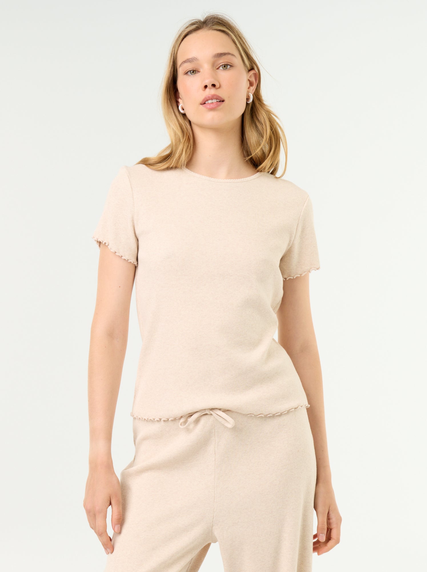 T-shirt de pyjama en maille côtelée - Beige