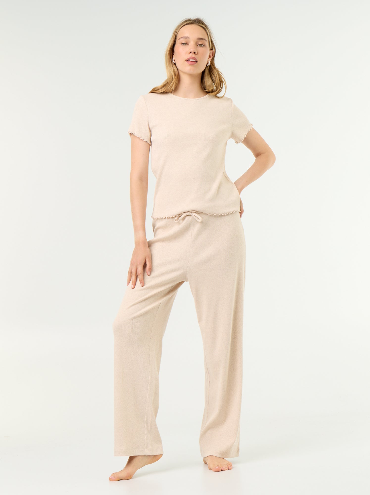 T-shirt de pyjama en maille côtelée - Beige