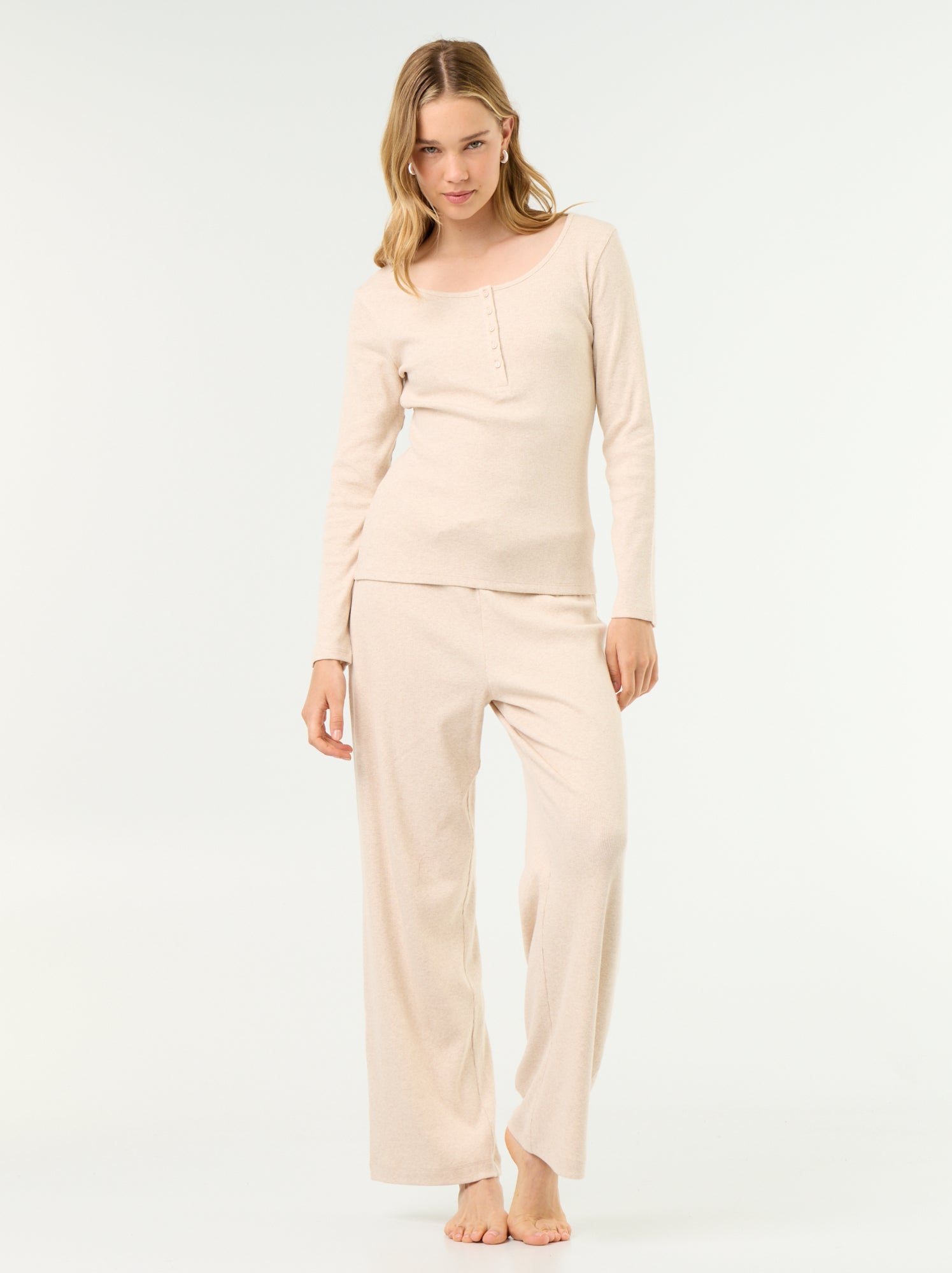 T-shirt de pyjama en maille côtelée - Beige