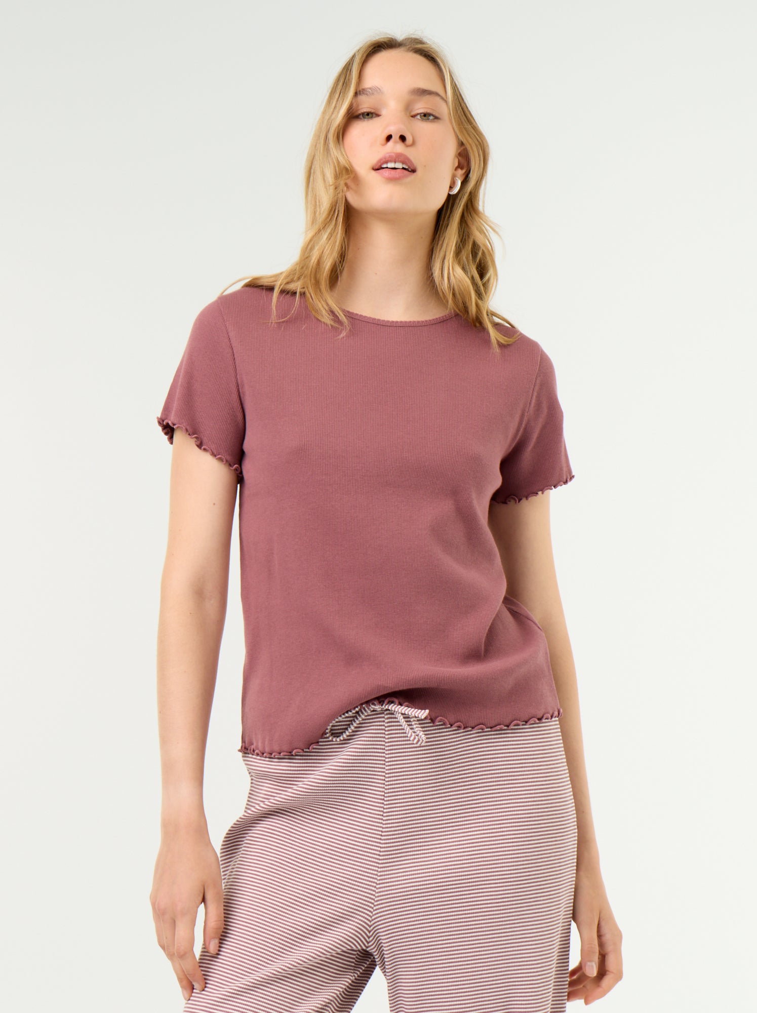 T-shirt de pyjama en maille côtelée - Rose