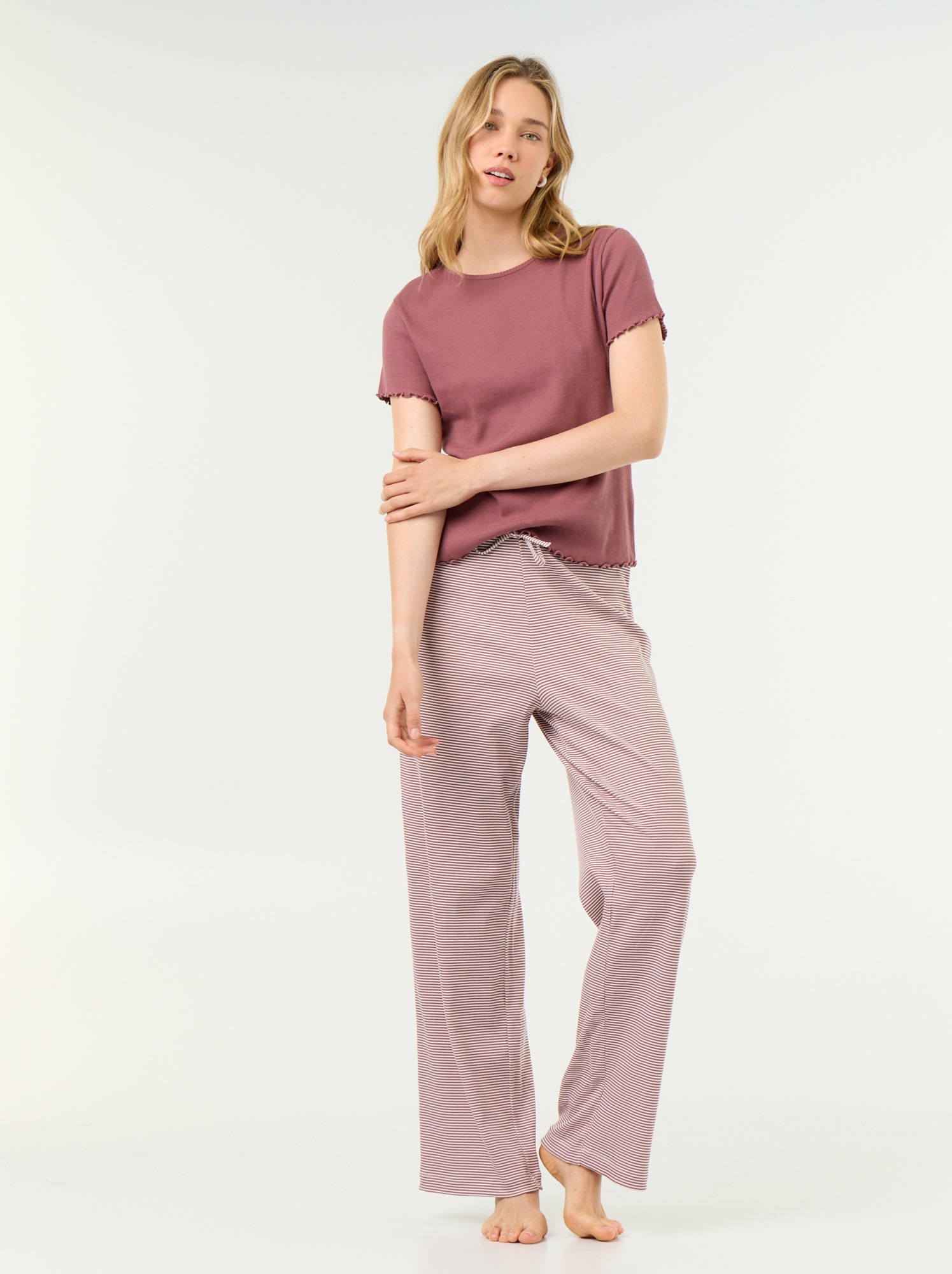 T-shirt de pyjama en maille côtelée - Rose