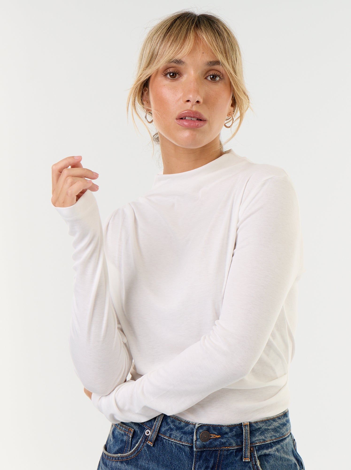 T-shirt drapé à manches longues - Blanc