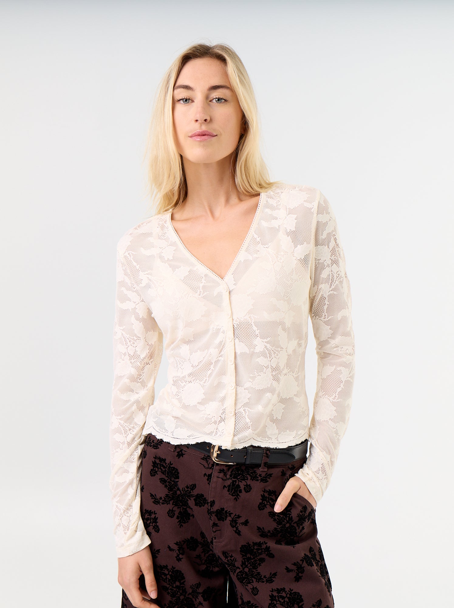 T-shirt en dentelle effet chemisier - Blanc