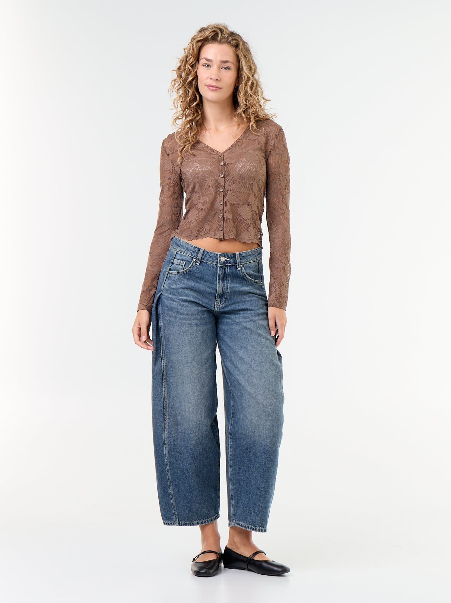 T-shirt en dentelle effet chemisier - Marron