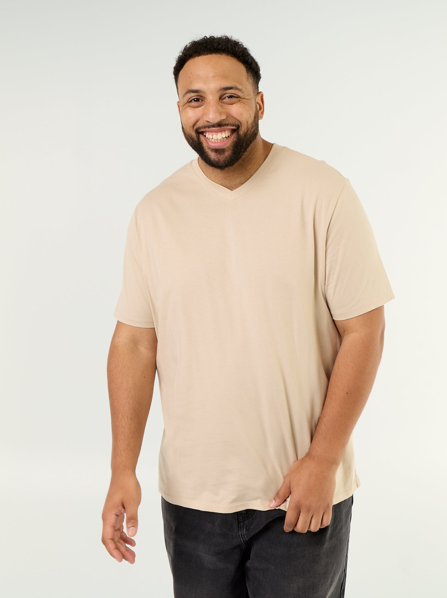 T-shirt en jersey à col V - Beige