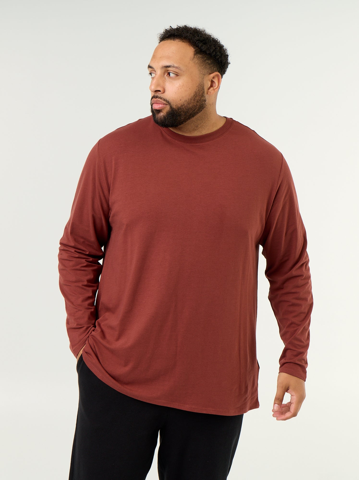 T-shirt en jersey uni manches longues - Marron