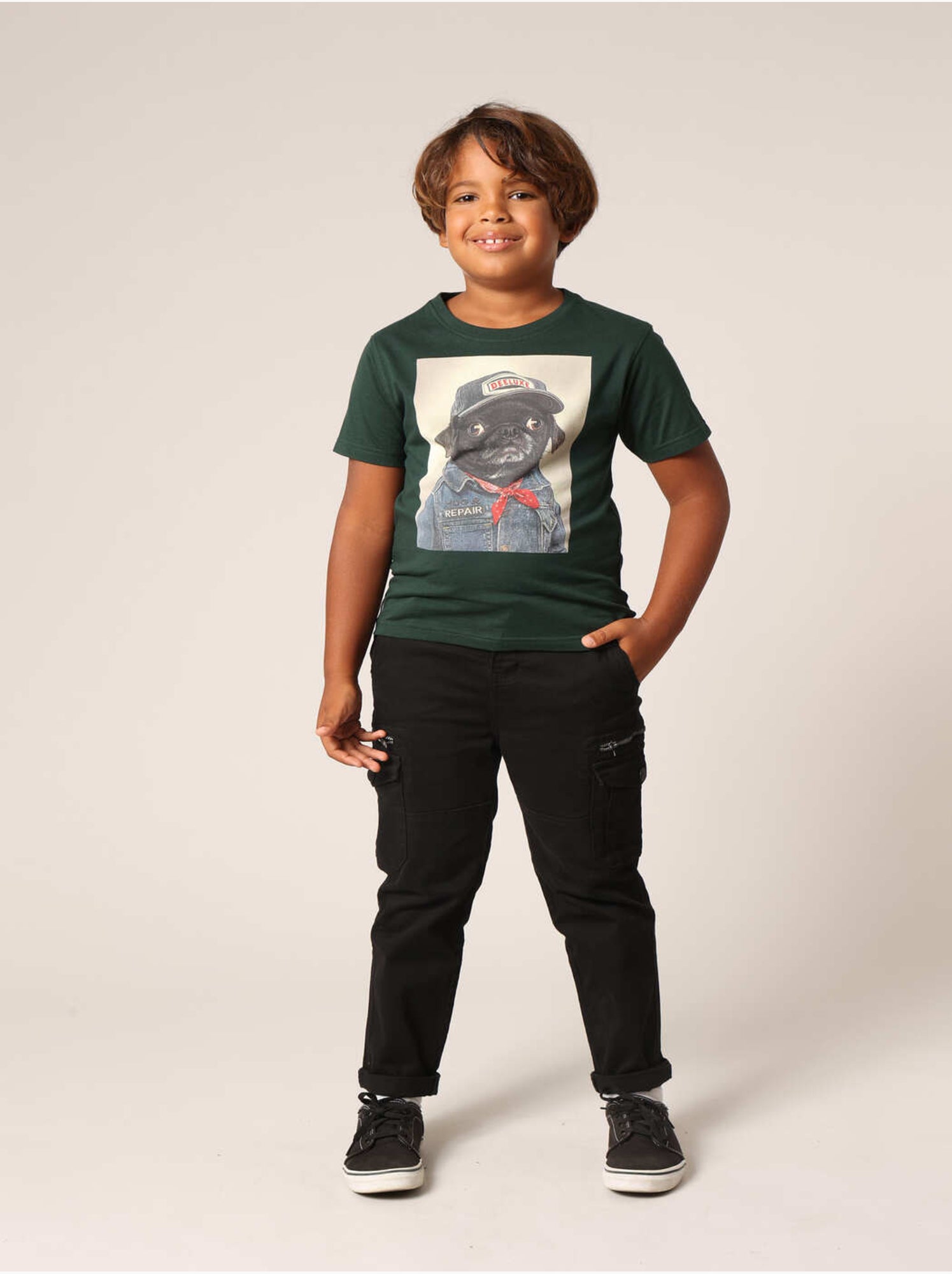 T-shirt garçon 100 % coton avec imprimé chien aspect denim et casquette deeluxe 'deeluxe' - Bleu canard