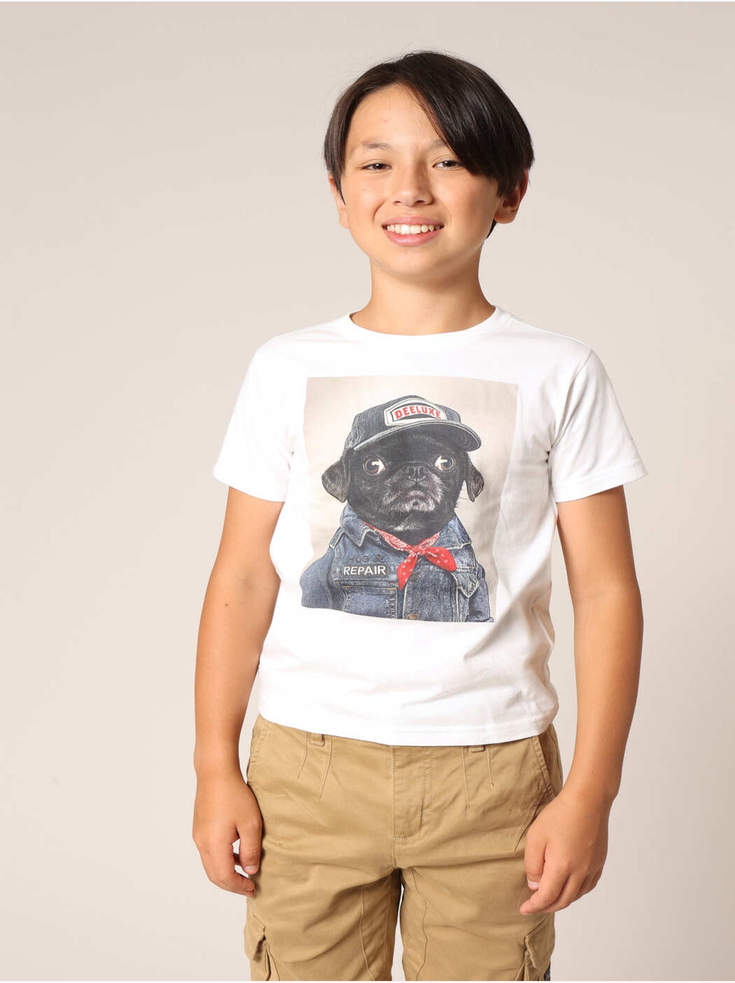 T-shirt garçon 100 % coton avec imprimé chien aspect denim et casquette deeluxe 'deeluxe' - Ecru