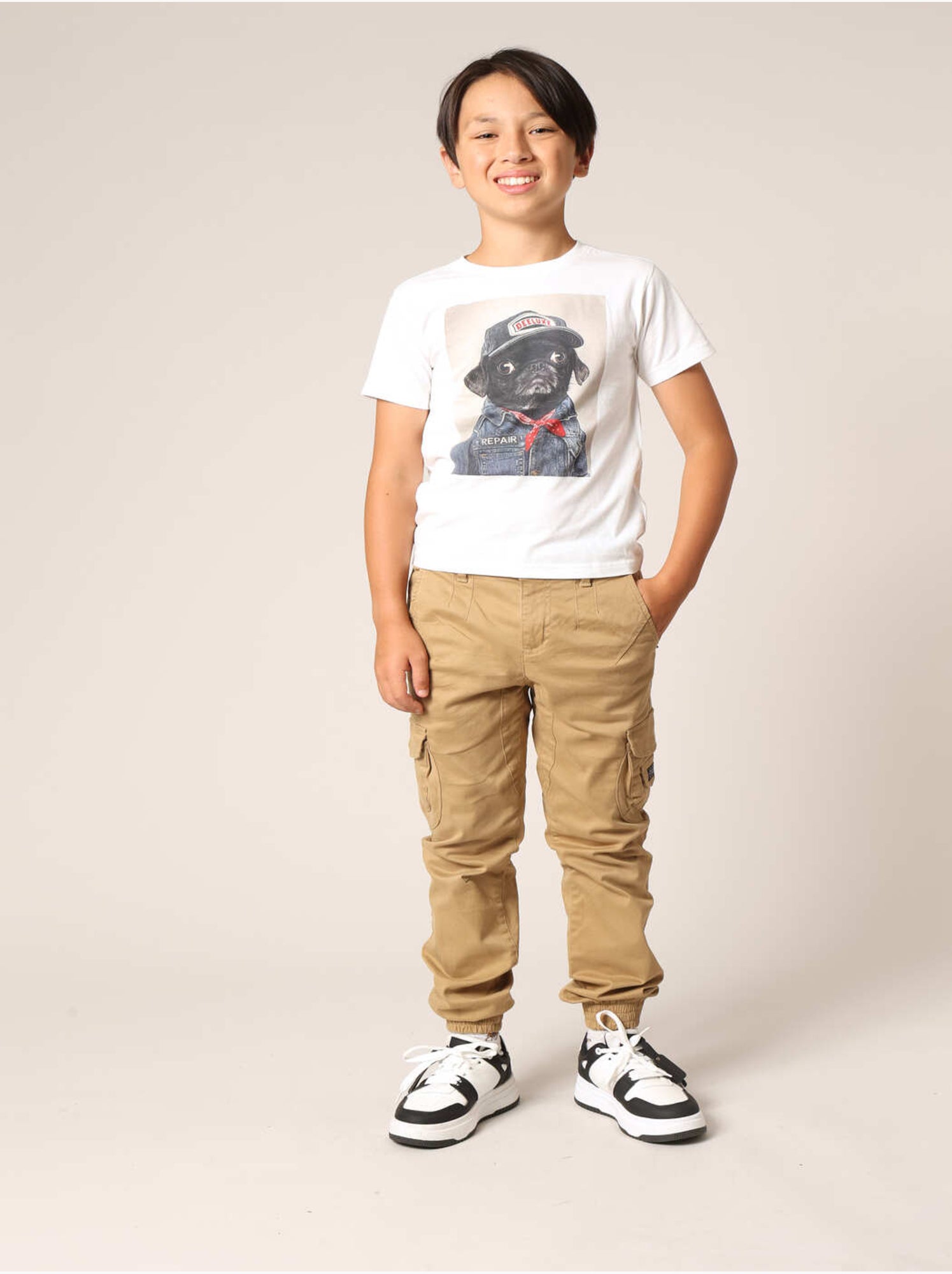 T-shirt garçon 100 % coton avec imprimé chien aspect denim et casquette deeluxe 'deeluxe' - Ecru